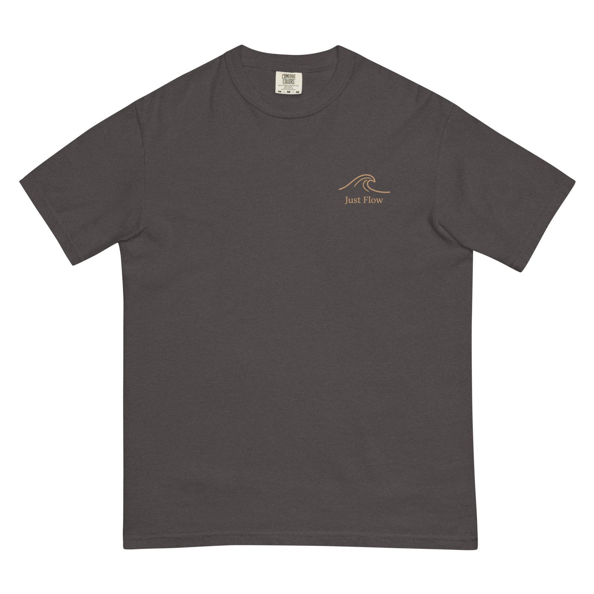 Ride the Current Heavyweight Tee — washed Graphite, front, gold wave mark at left chest