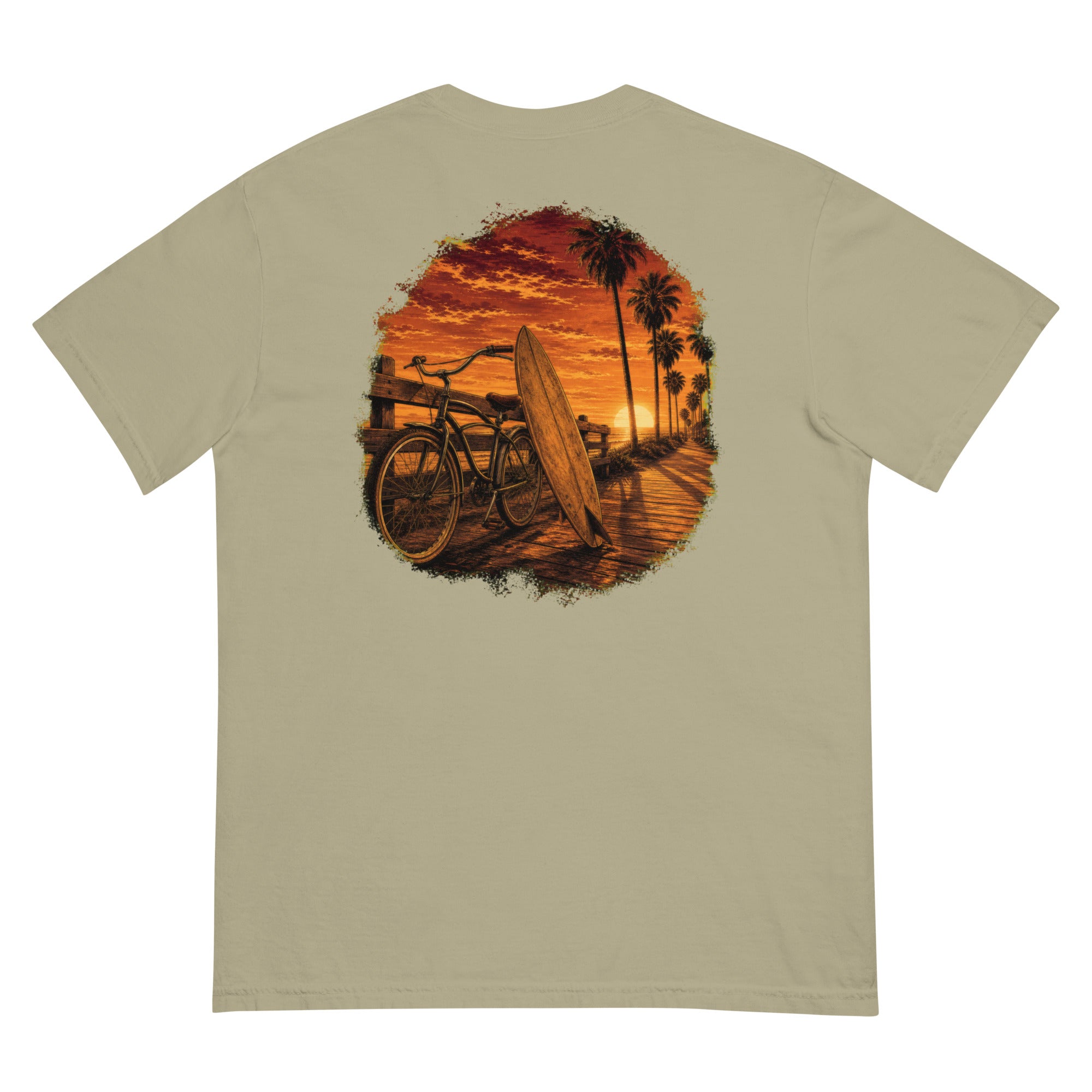 Golden Hour Beach Cruiser heavyweight tee in Khaki, back graphic