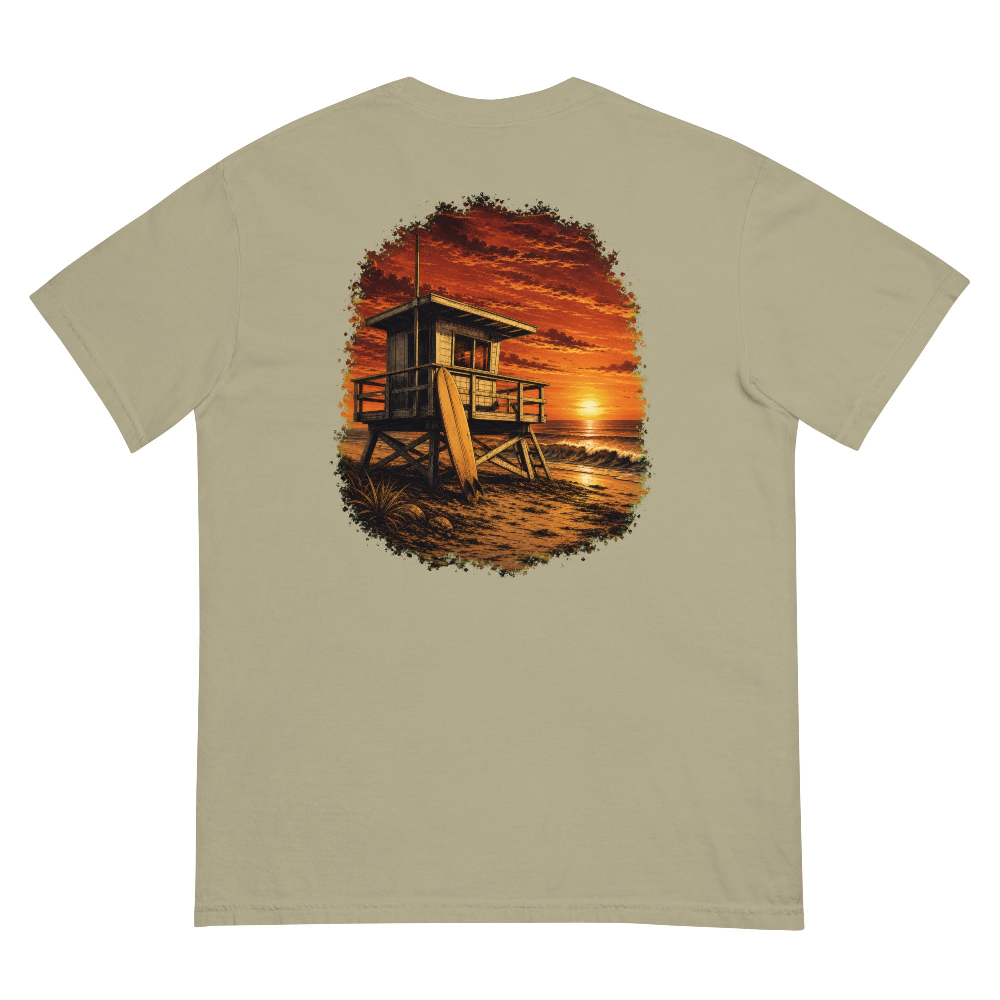 Golden Hour Lifeguard Tower heavyweight tee in Khaki, back graphic