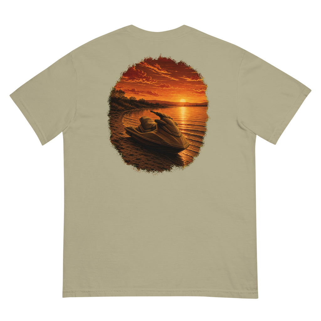 Golden Hour Jet Ski heavyweight tee in Khaki, back graphic
