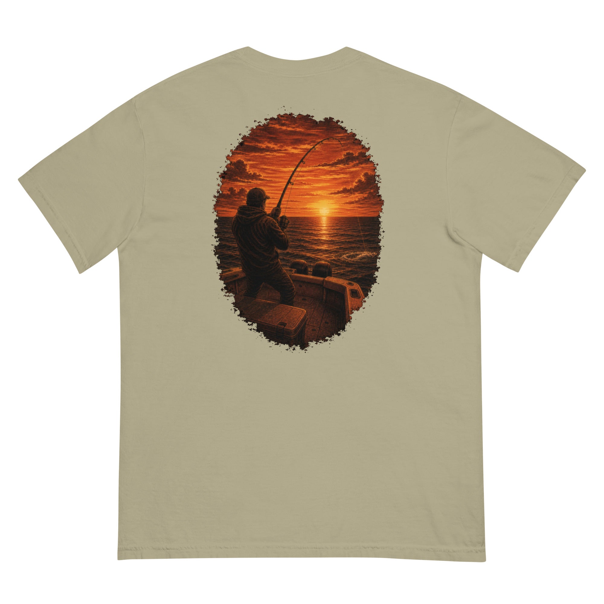 Golden Hour Offshore Fishing heavyweight tee in Khaki, back graphic