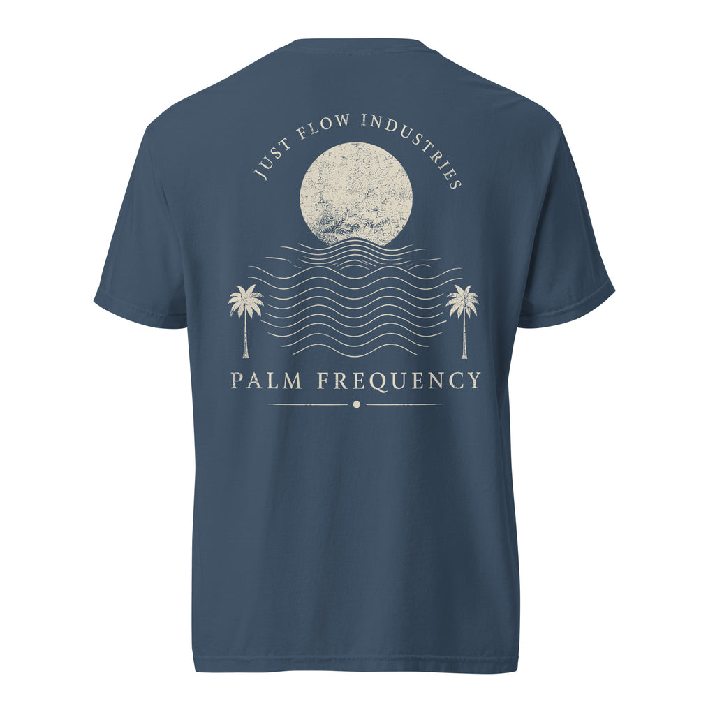 Palm Frequency Heavyweight Tee — washed Midnight, back, Palm Frequency moon and palms print