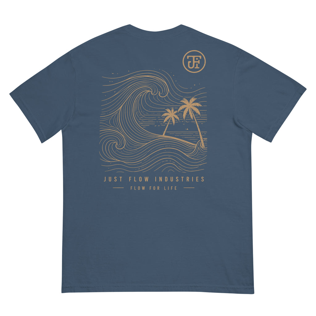 Ride the Current Heavyweight Tee — washed Midnight, back, gold wave print
