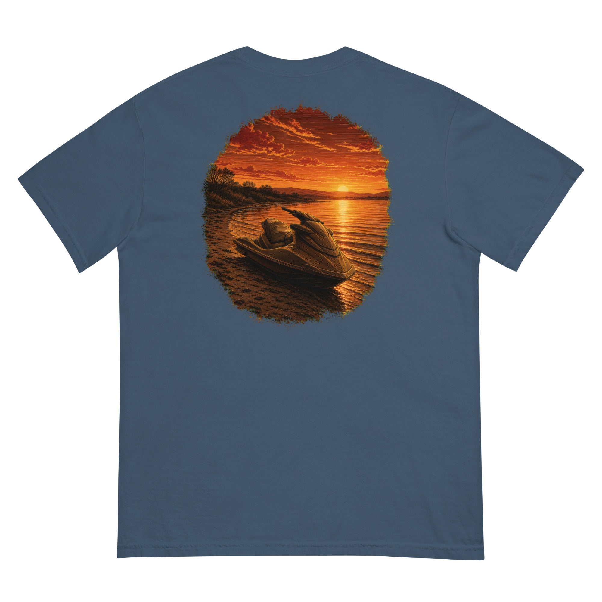 Golden Hour Jet Ski heavyweight tee in Midnight, back graphic