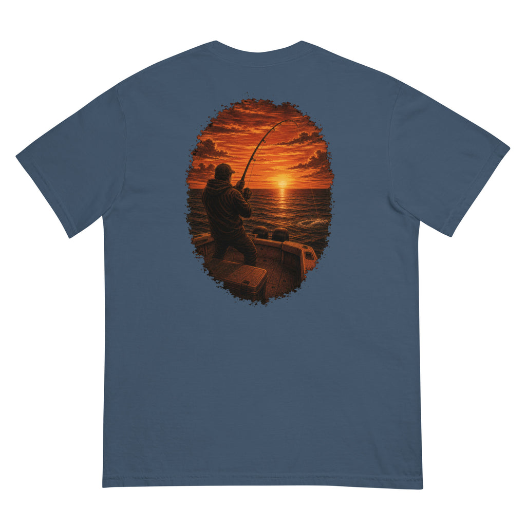 Golden Hour Offshore Fishing heavyweight tee in Midnight, back graphic