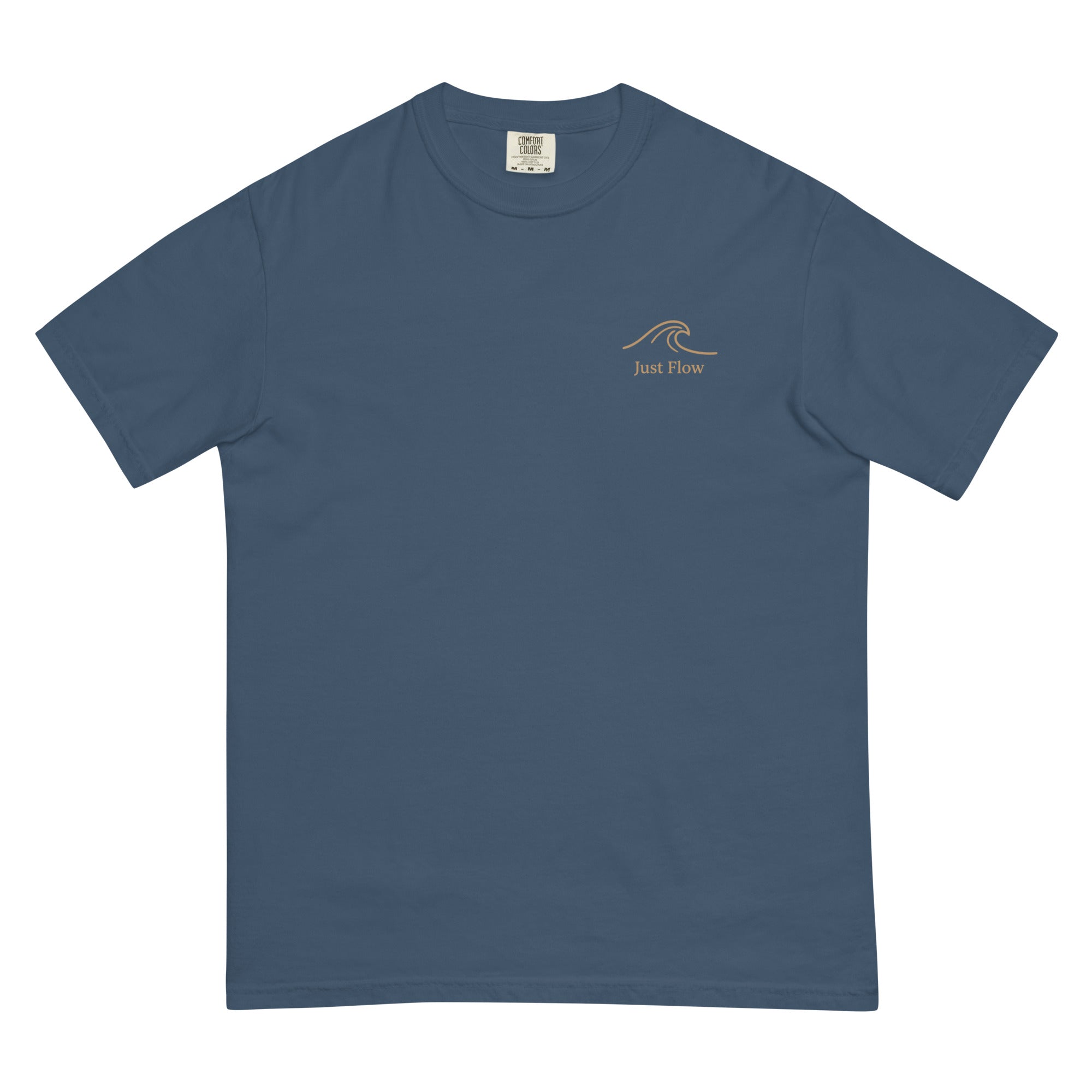 Ride the Current Heavyweight Tee — washed Midnight, front, gold wave mark at left chest