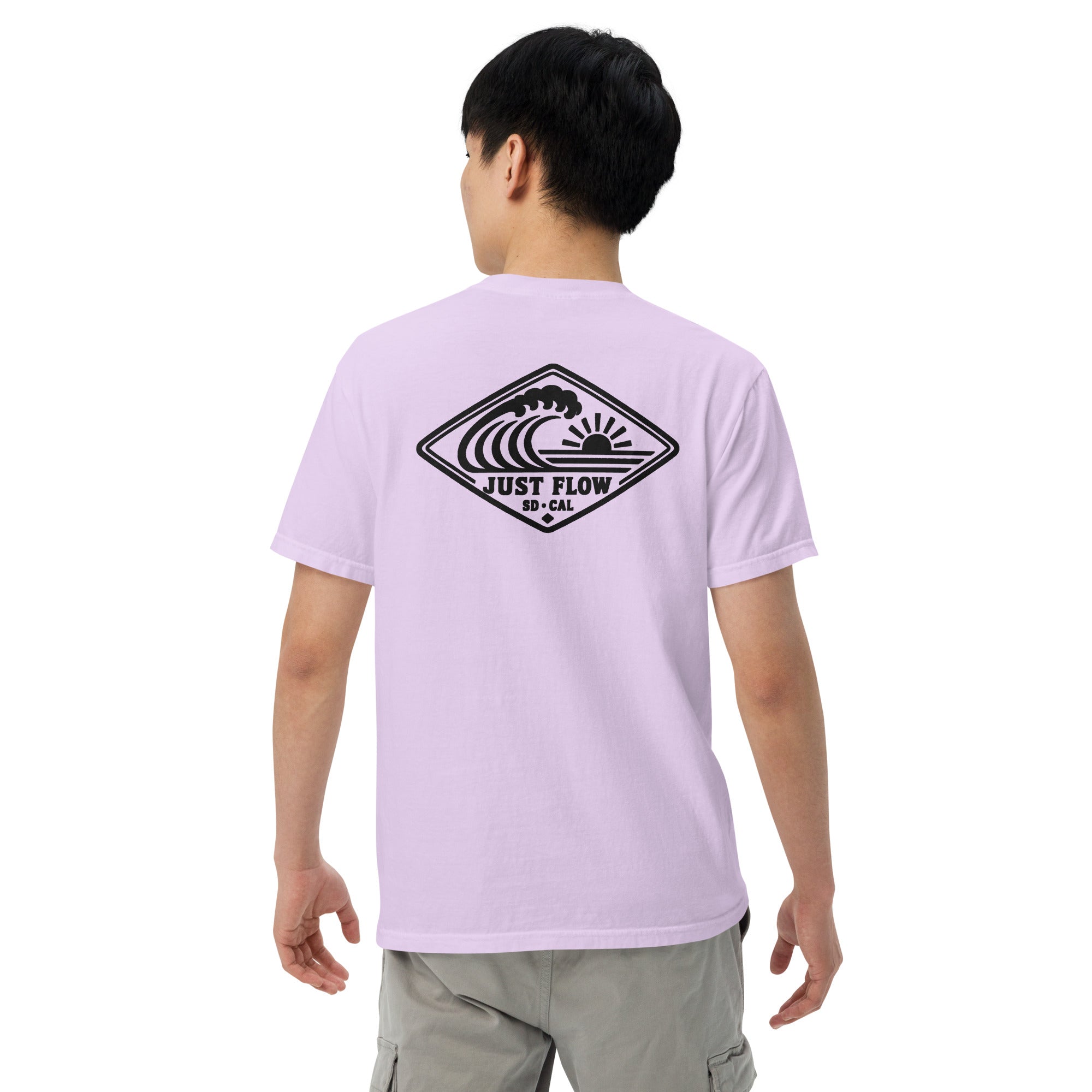 Horizontal Wave Diamond heavyweight tee in Orchid with the black mark, back graphic