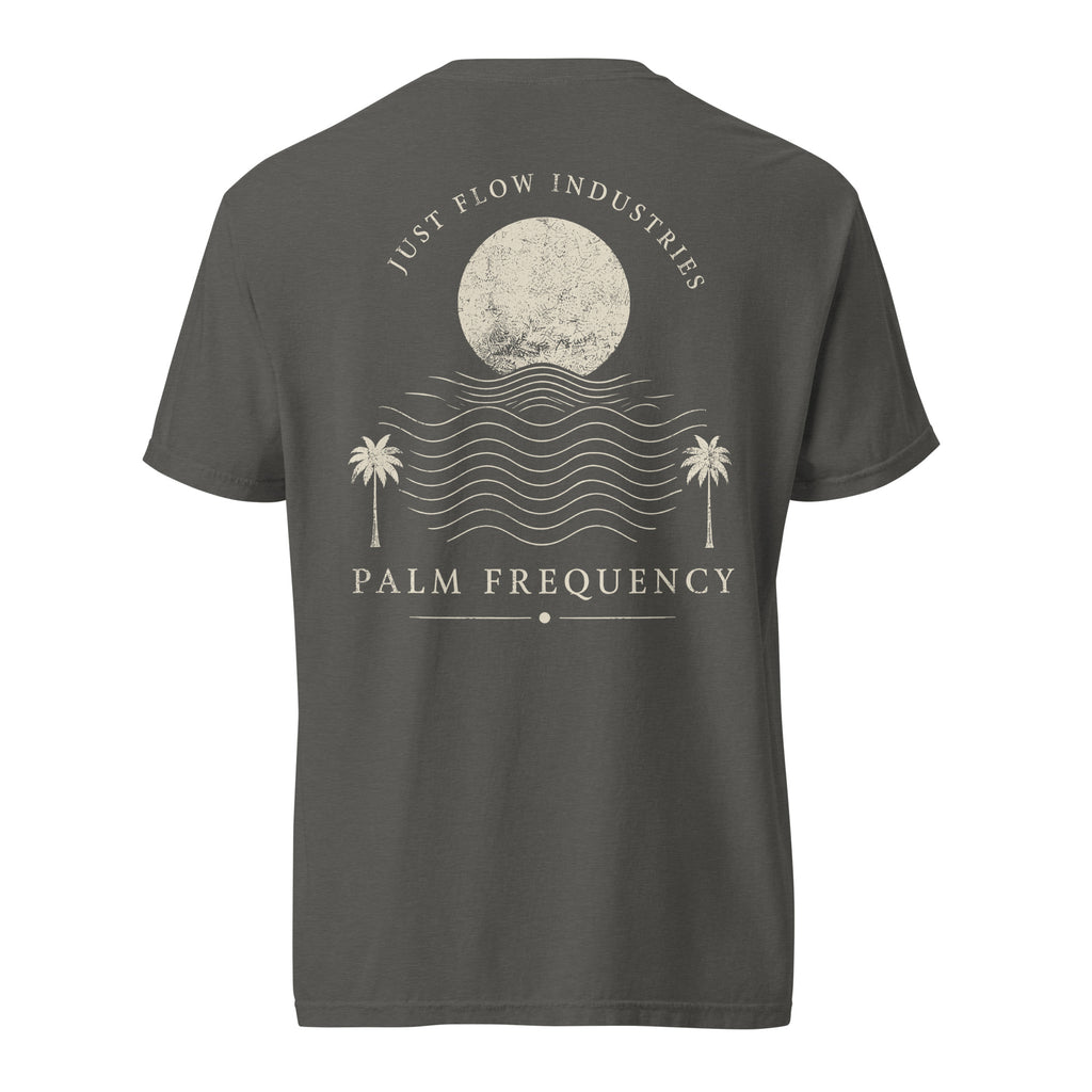 Palm Frequency Heavyweight Tee — washed Pepper, back, Palm Frequency moon and palms print