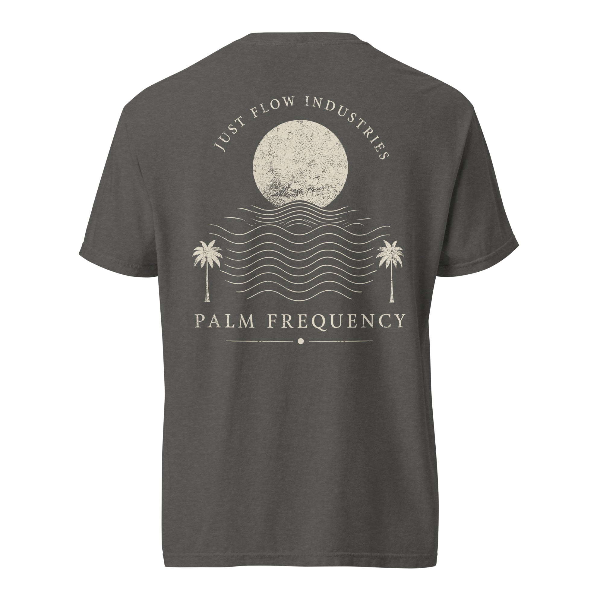 Palm Frequency Heavyweight Tee — washed Pepper, back, Palm Frequency moon and palms print
