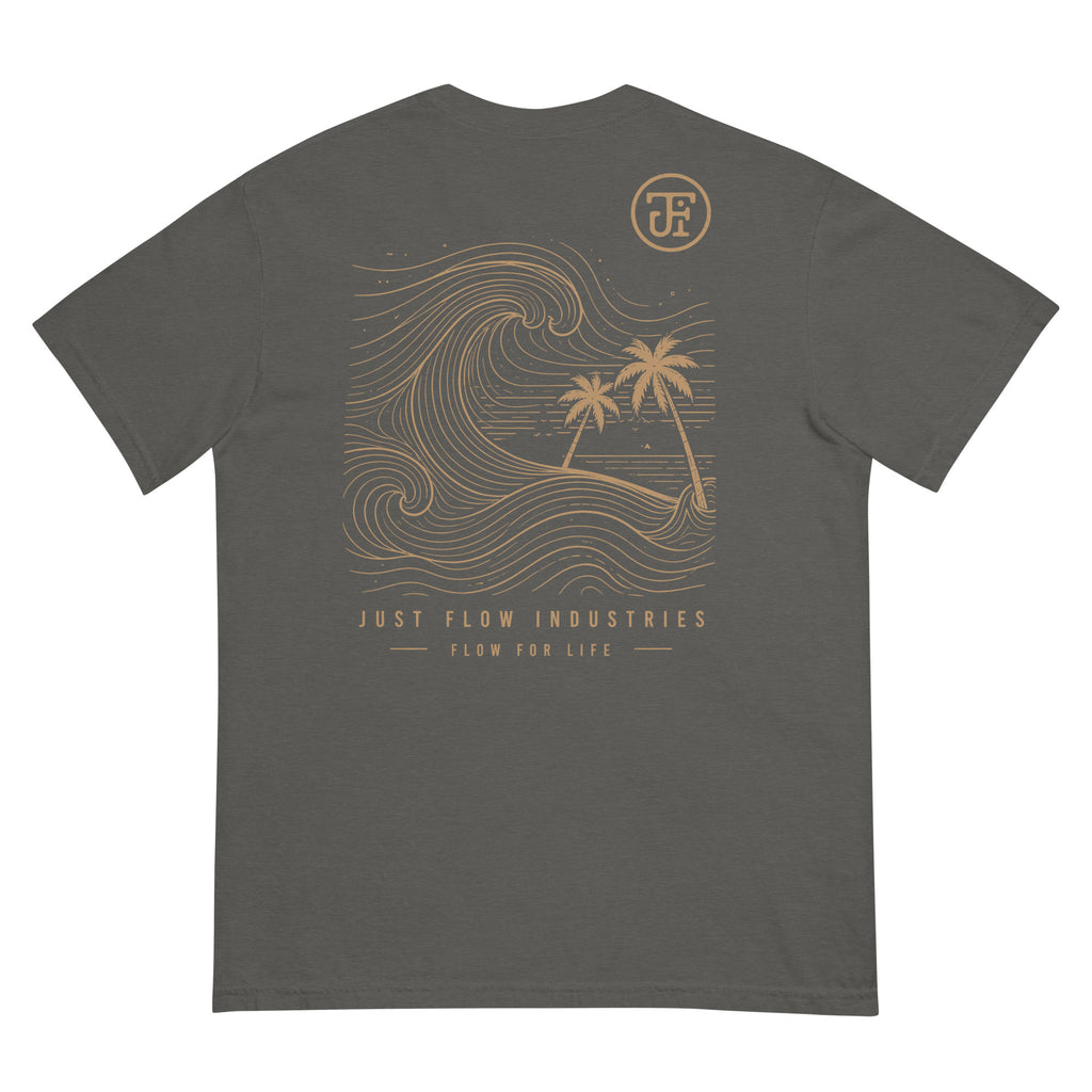 Ride the Current Heavyweight Tee — washed Pepper, back, gold wave print