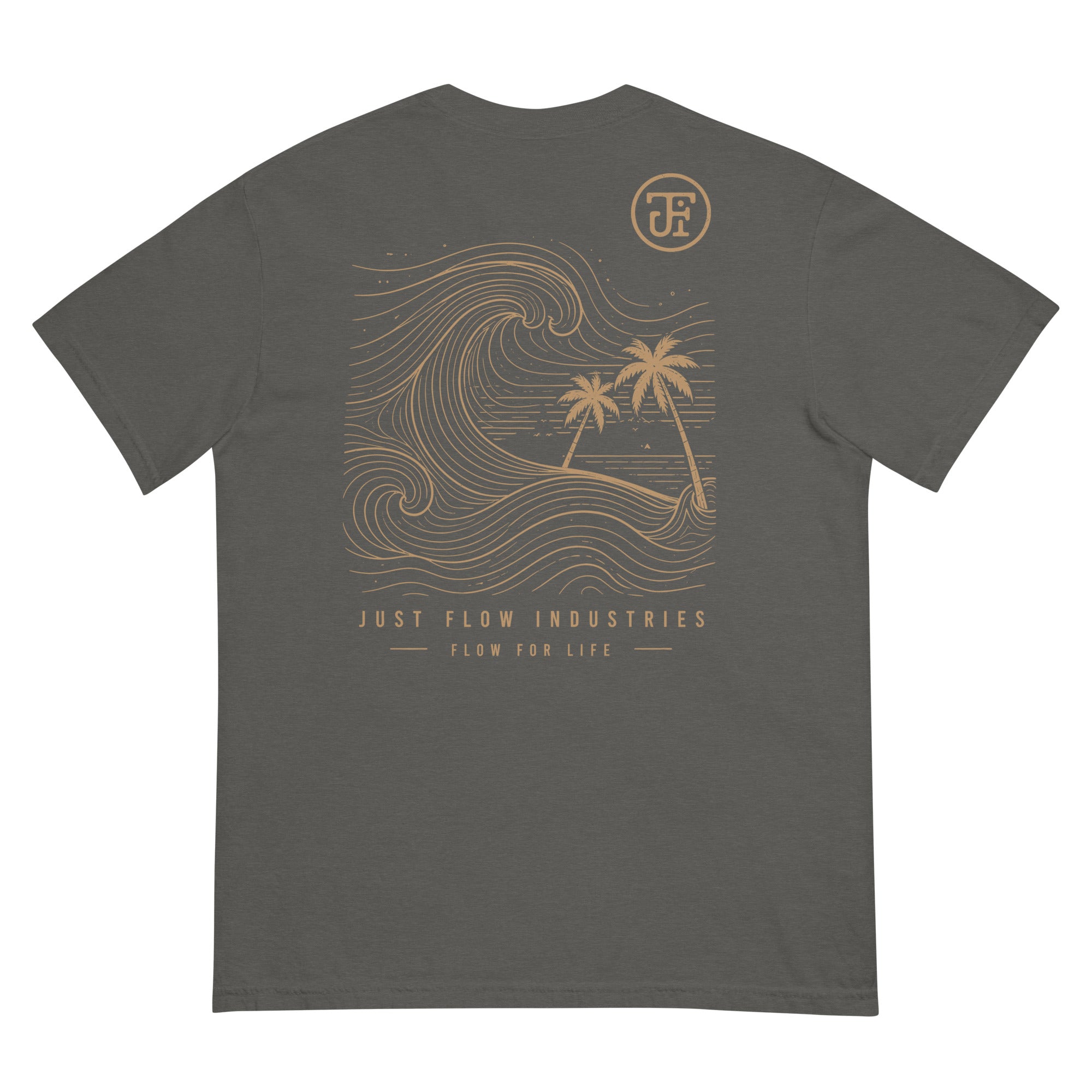 Ride the Current Heavyweight Tee — washed Pepper, back, gold wave print
