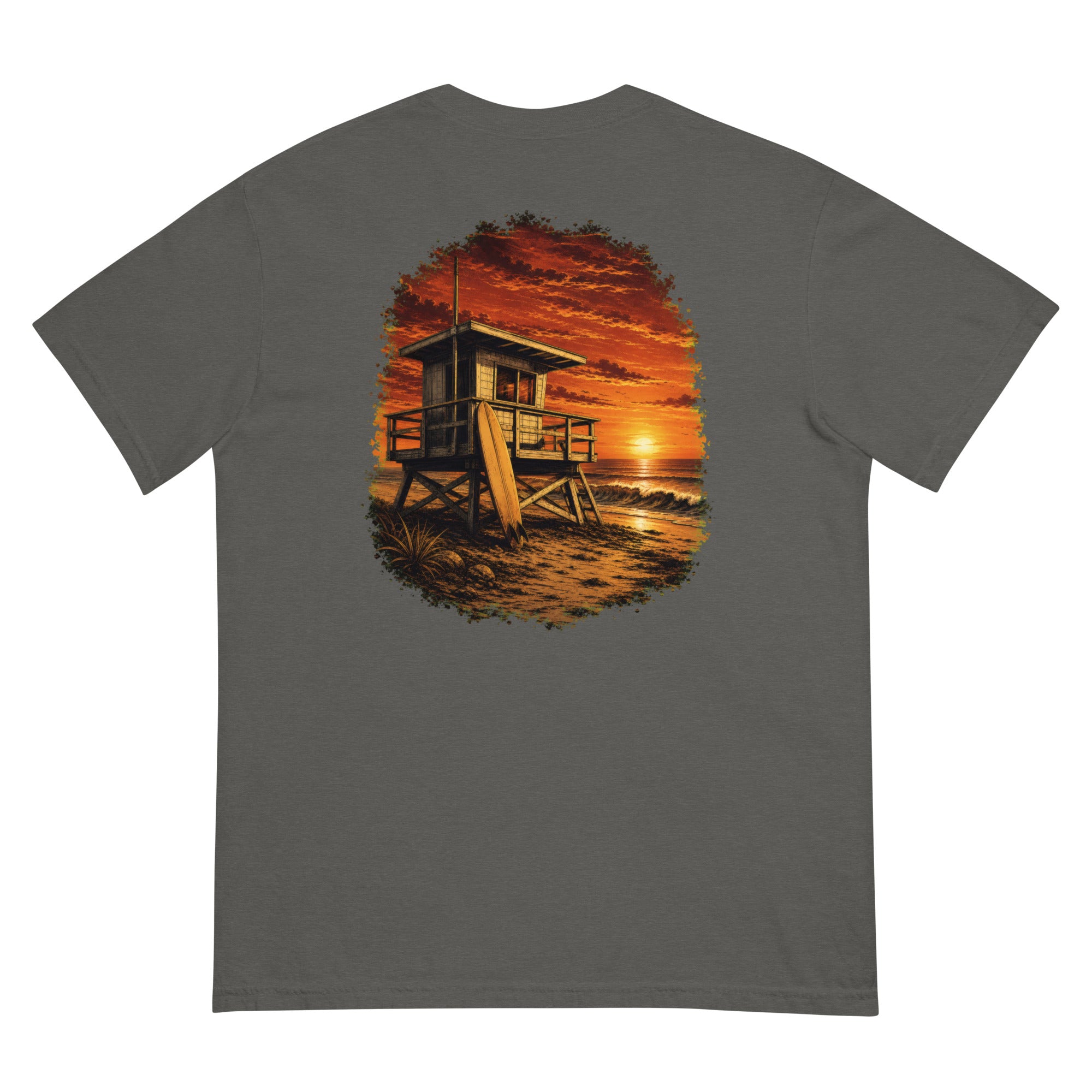 Golden Hour Lifeguard Tower heavyweight tee in Pepper, back graphic