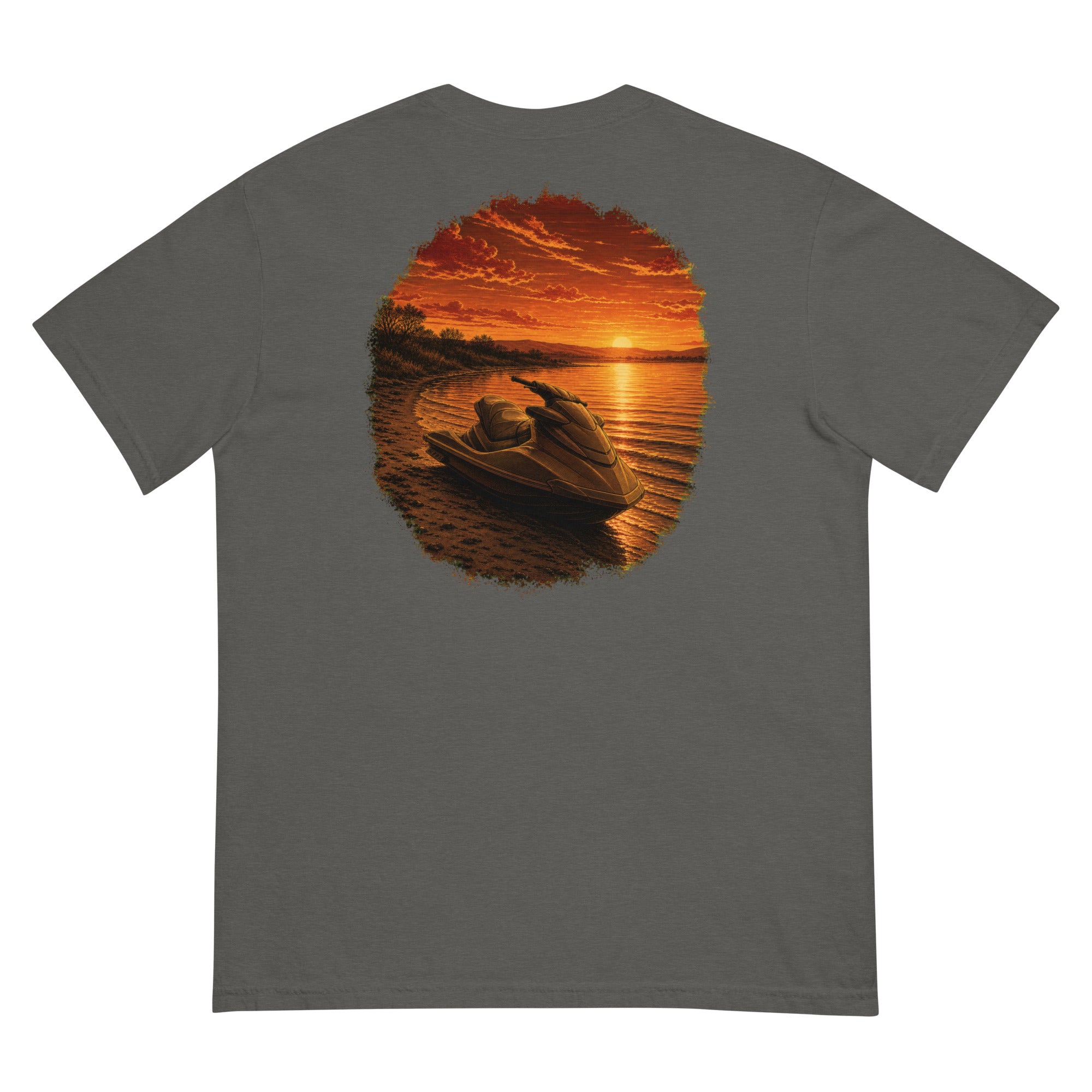 Golden Hour Jet Ski heavyweight tee in Pepper, back graphic