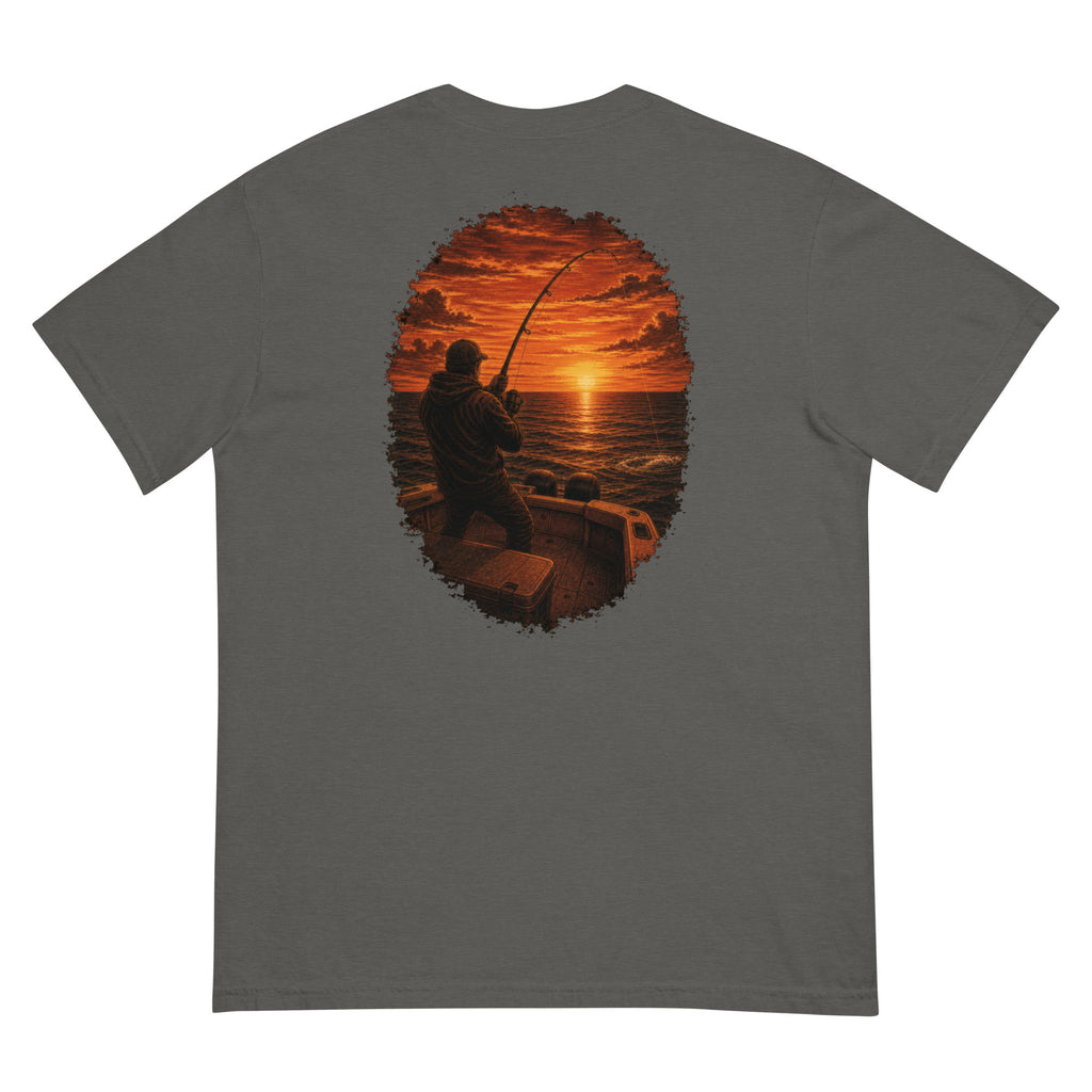 Golden Hour Offshore Fishing heavyweight tee in Pepper, back graphic