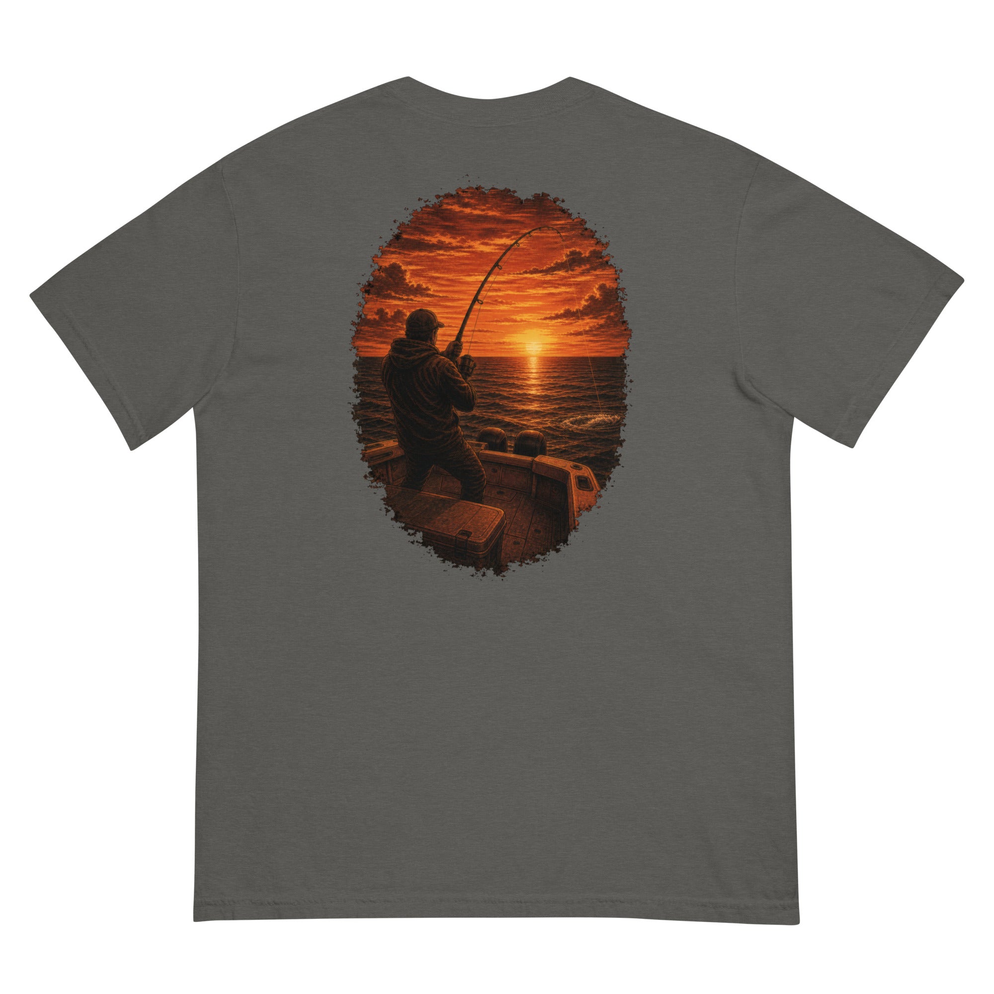 Golden Hour Offshore Fishing heavyweight tee in Pepper, back graphic