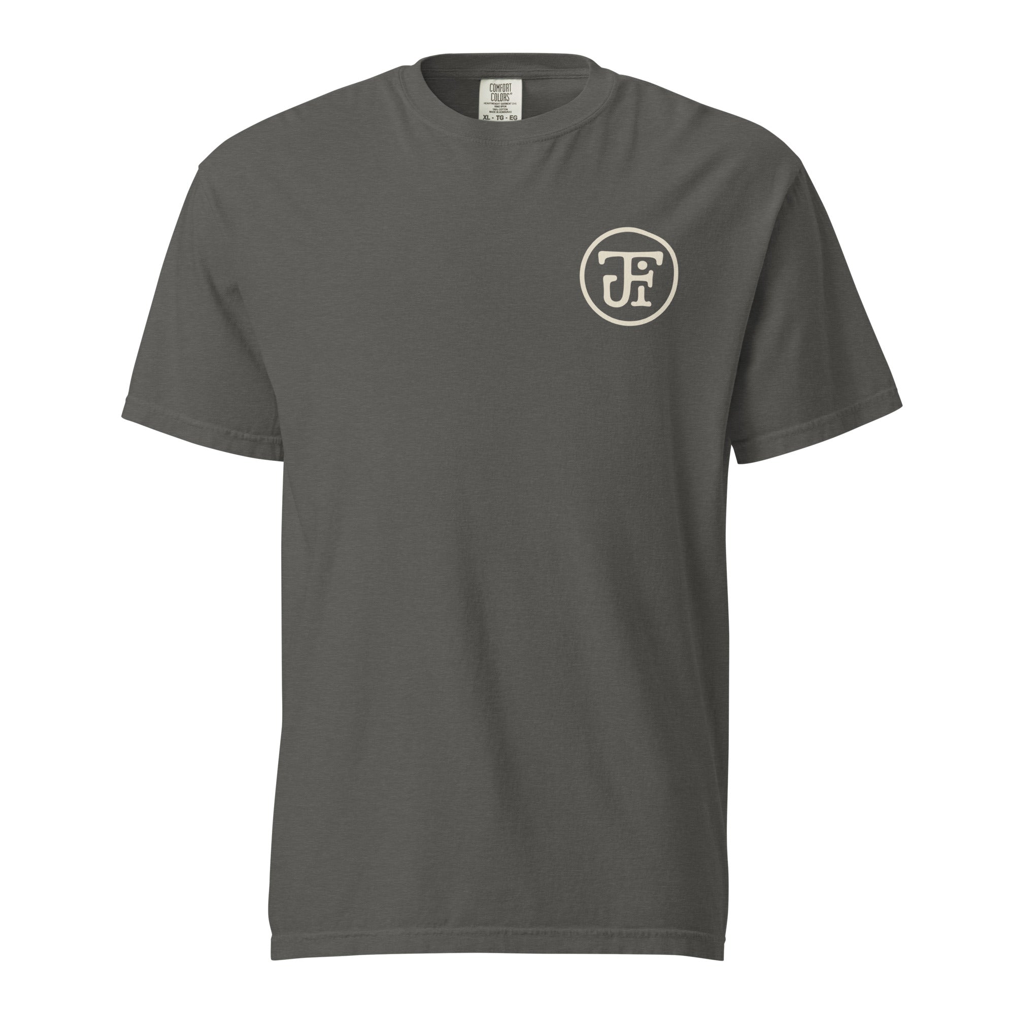 After Dark Heavyweight Tee — washed Pepper, front, JFI monogram at left chest