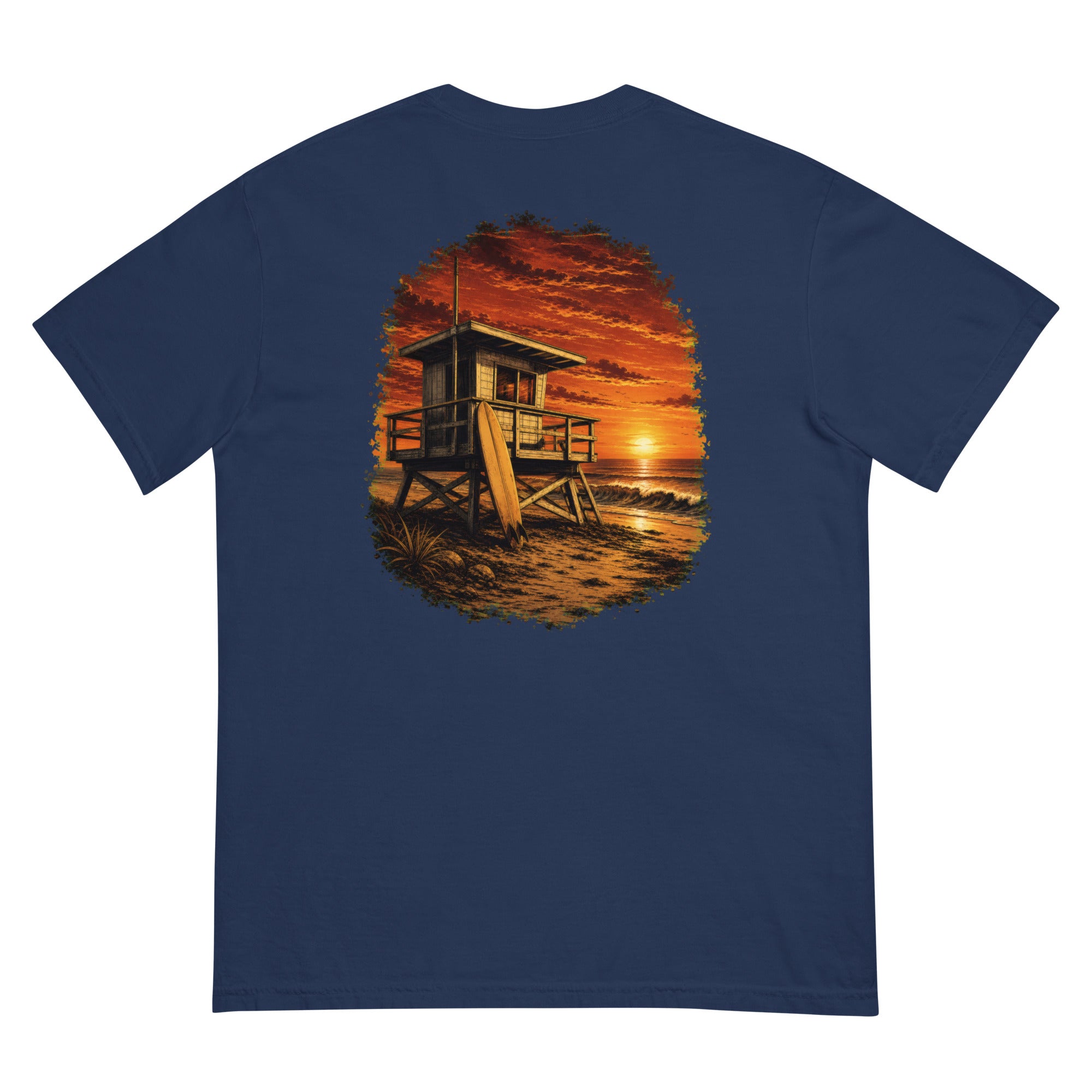 Golden Hour Lifeguard Tower heavyweight tee in True Navy, back graphic