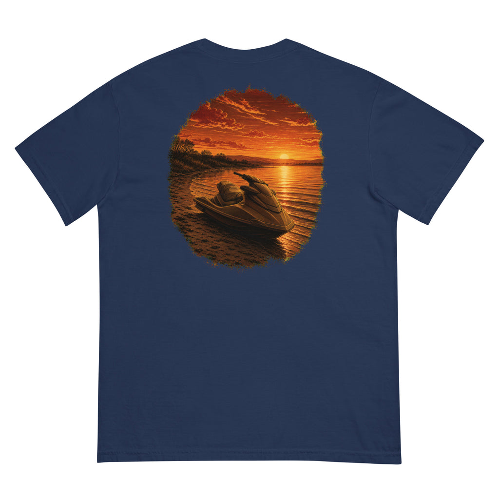 Golden Hour Jet Ski heavyweight tee in True Navy, back graphic