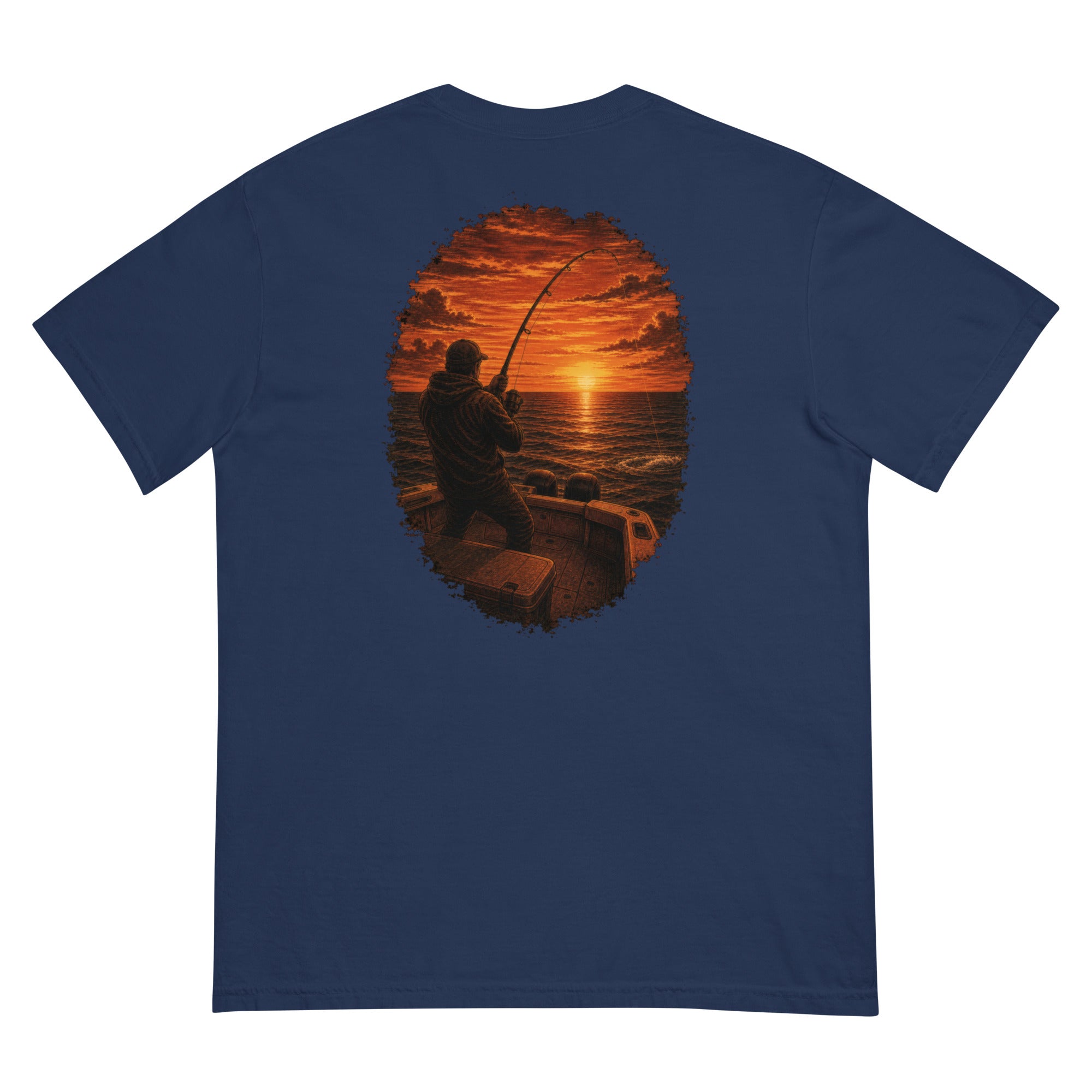 Golden Hour Offshore Fishing heavyweight tee in True Navy, back graphic