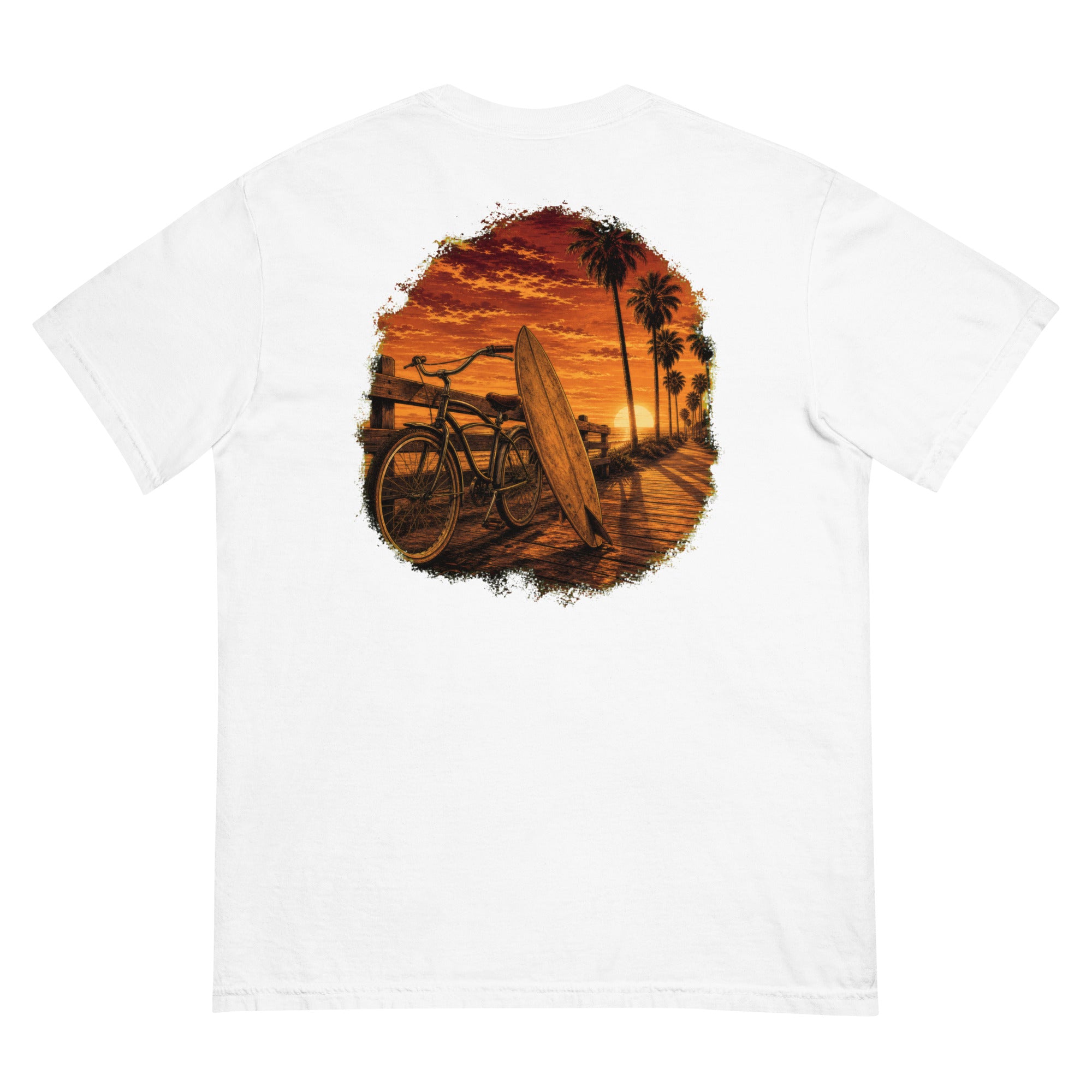Golden Hour Beach Cruiser heavyweight tee in White, back graphic