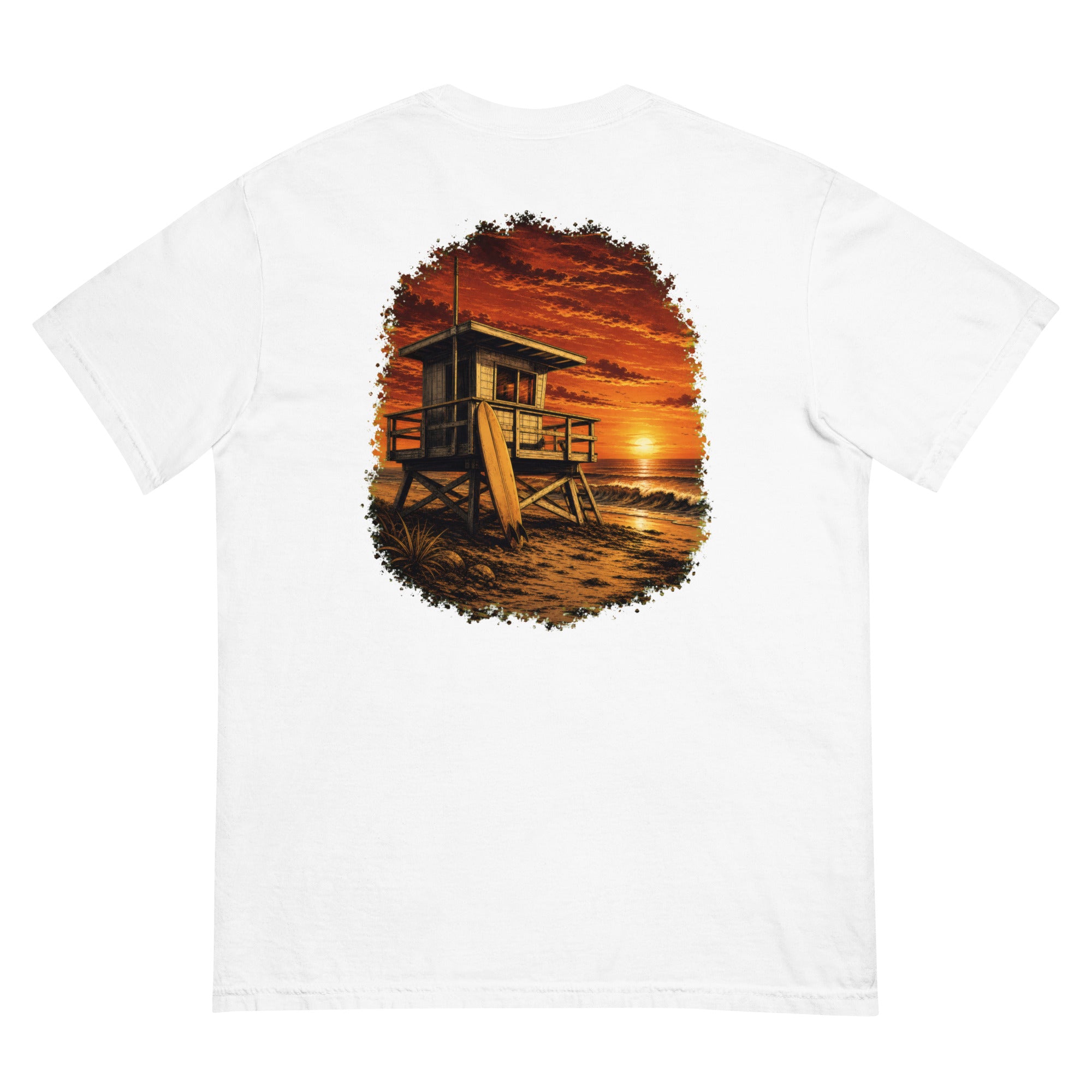 Golden Hour Lifeguard Tower heavyweight tee in White, back graphic