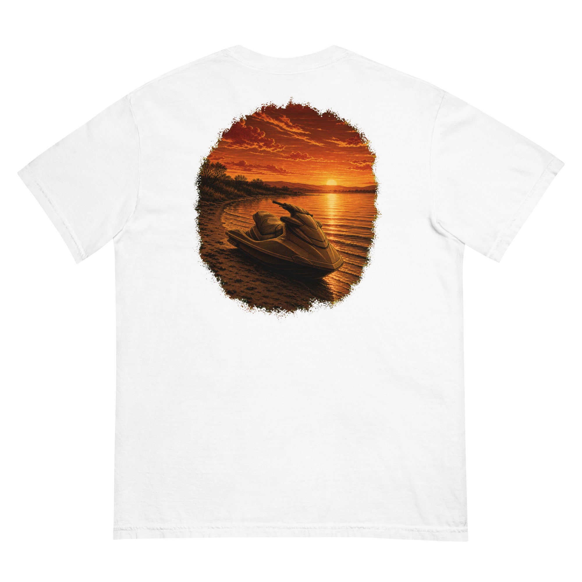 Golden Hour Jet Ski heavyweight tee in White, back graphic