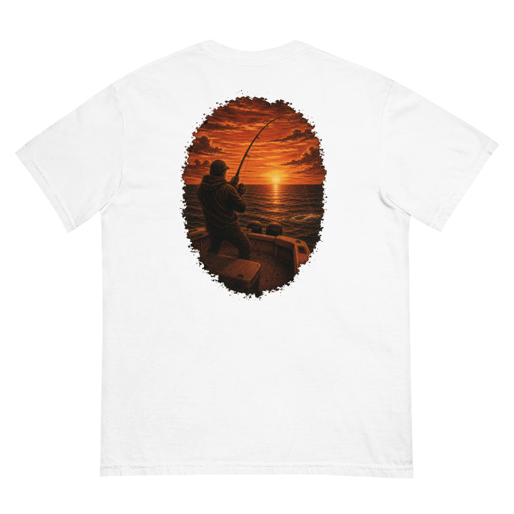 Golden Hour Offshore Fishing heavyweight tee in White, back graphic