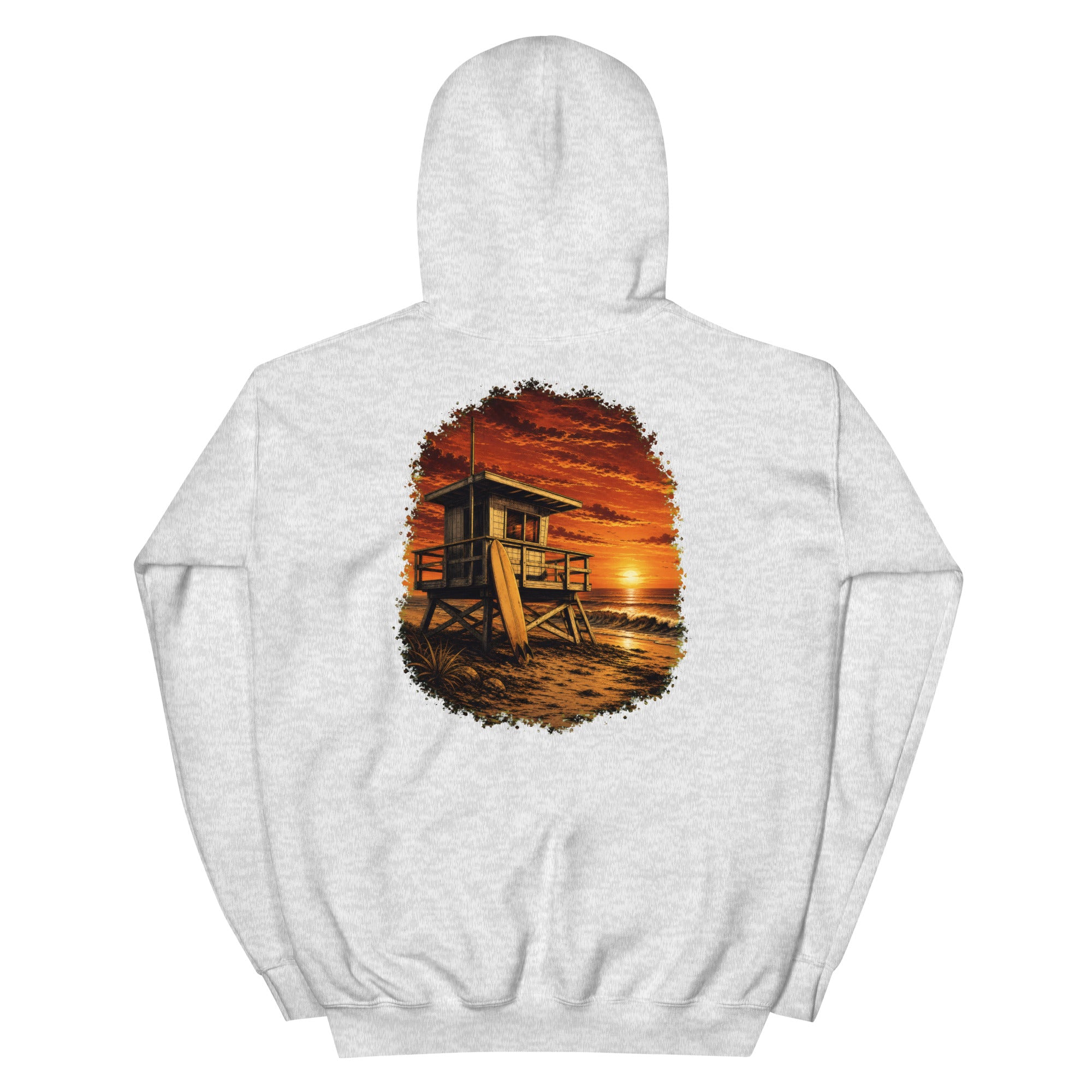 Golden Hour Lifeguard Tower hoodie in Ash, back graphic