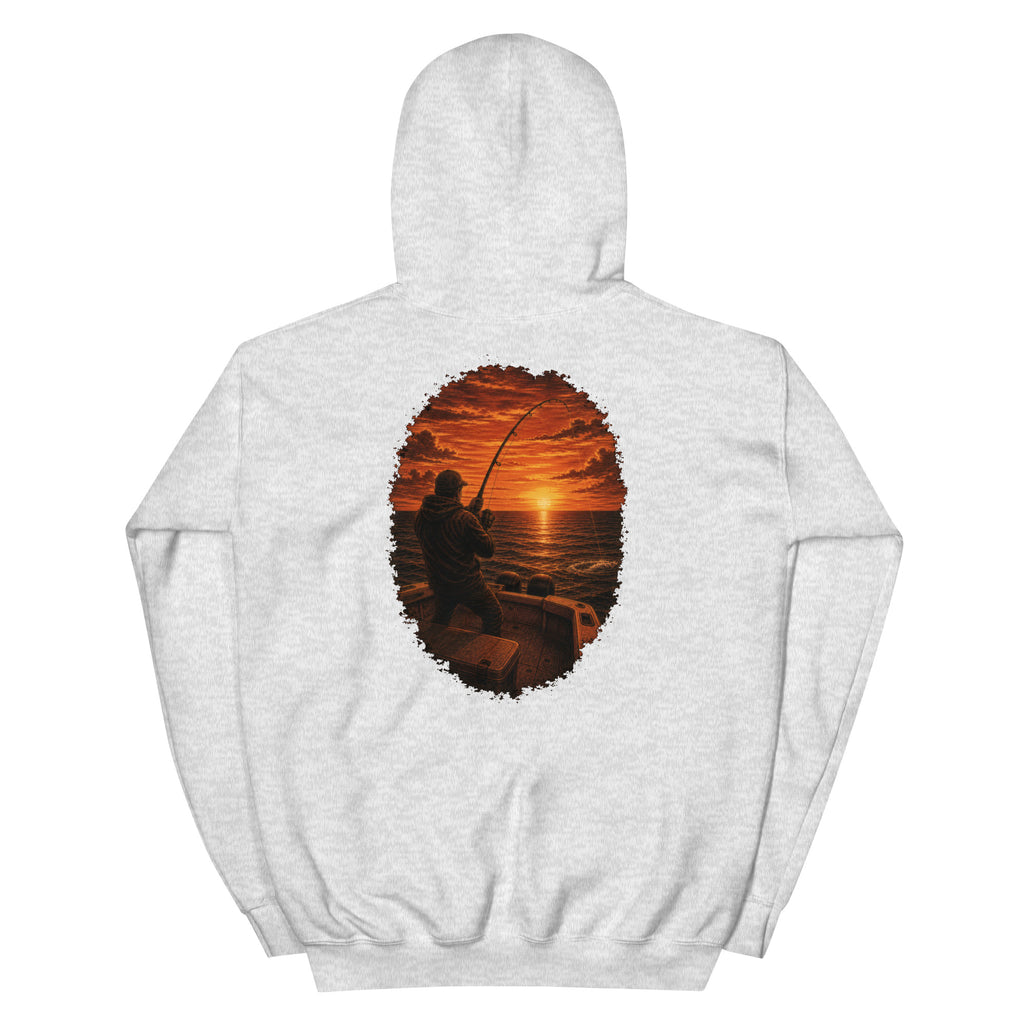 Golden Hour Offshore Fishing hoodie in Ash, back graphic
