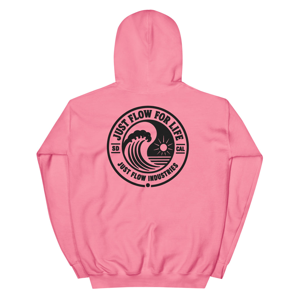 Circular Wave Crest hoodie in Azalea with the black crest, back graphic