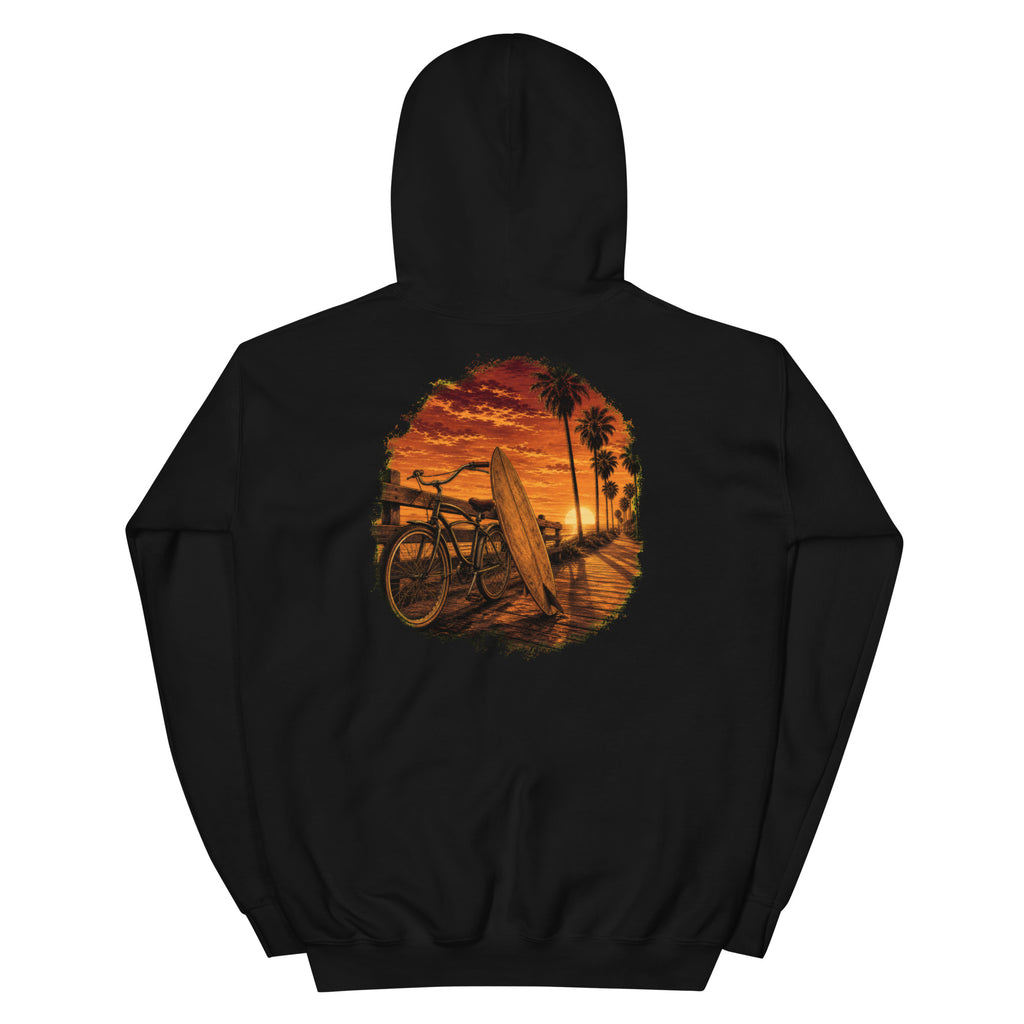 Golden Hour Beach Cruiser hoodie in Black, back graphic