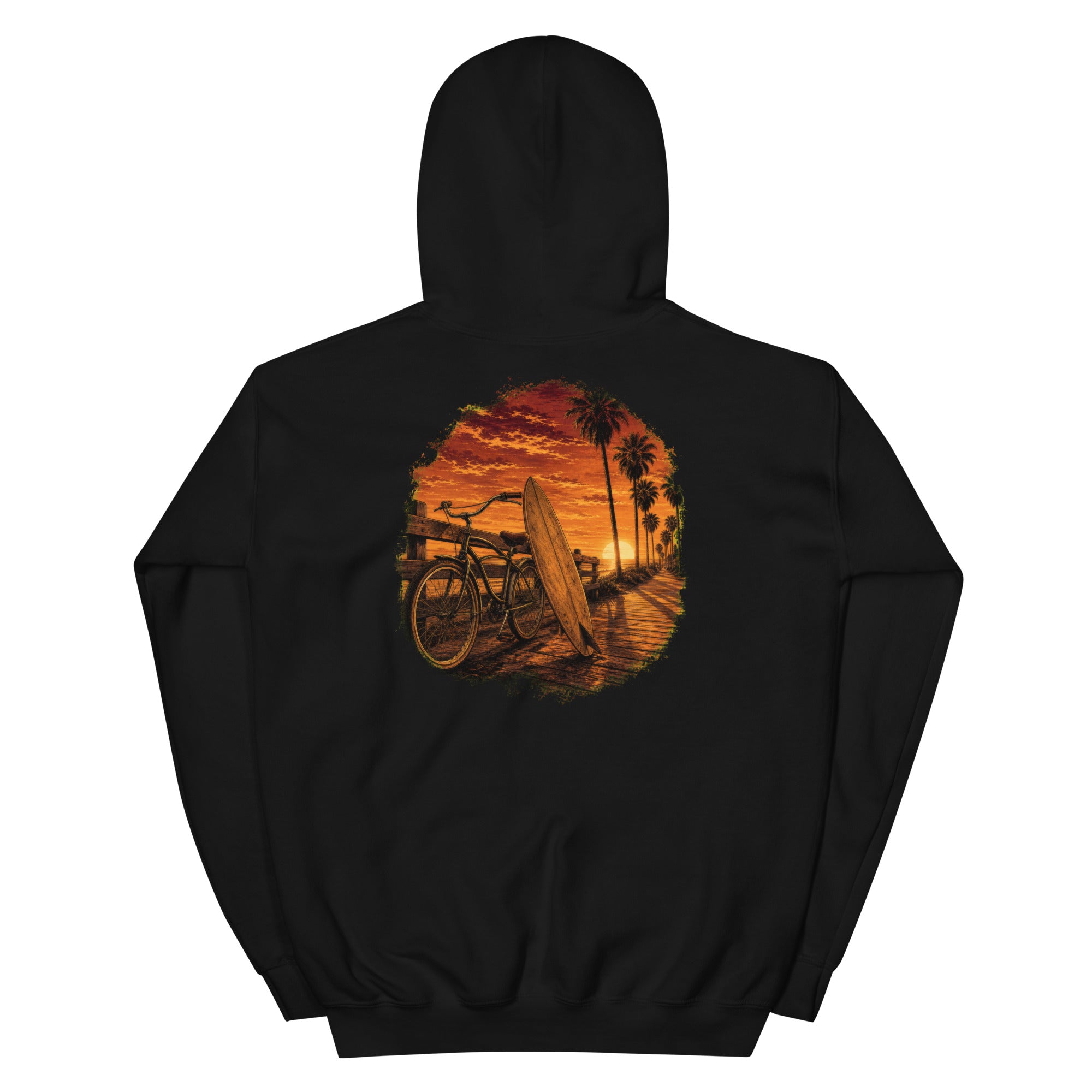 Golden Hour Beach Cruiser hoodie in Black, back graphic