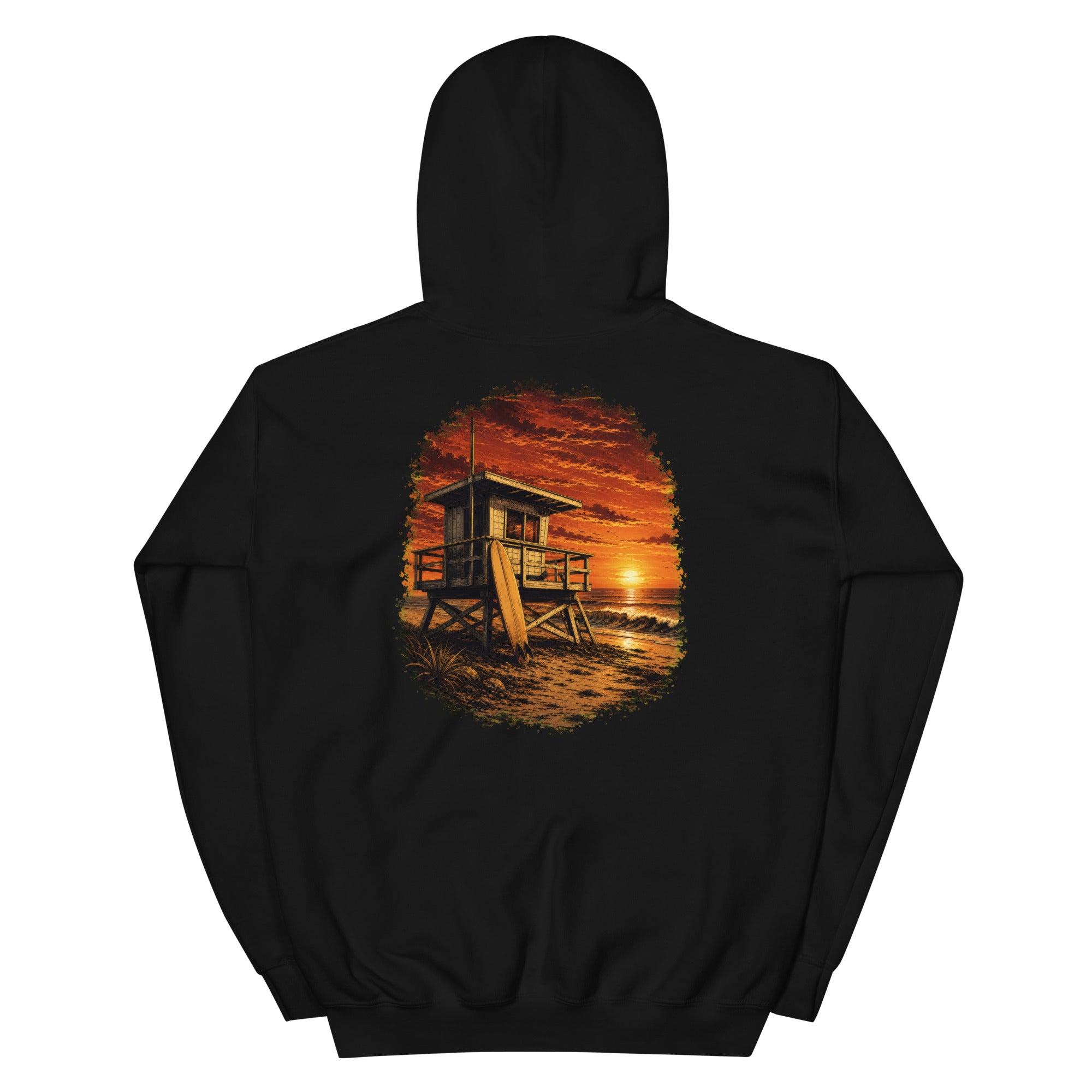 Golden Hour Lifeguard Tower hoodie in Black, back graphic
