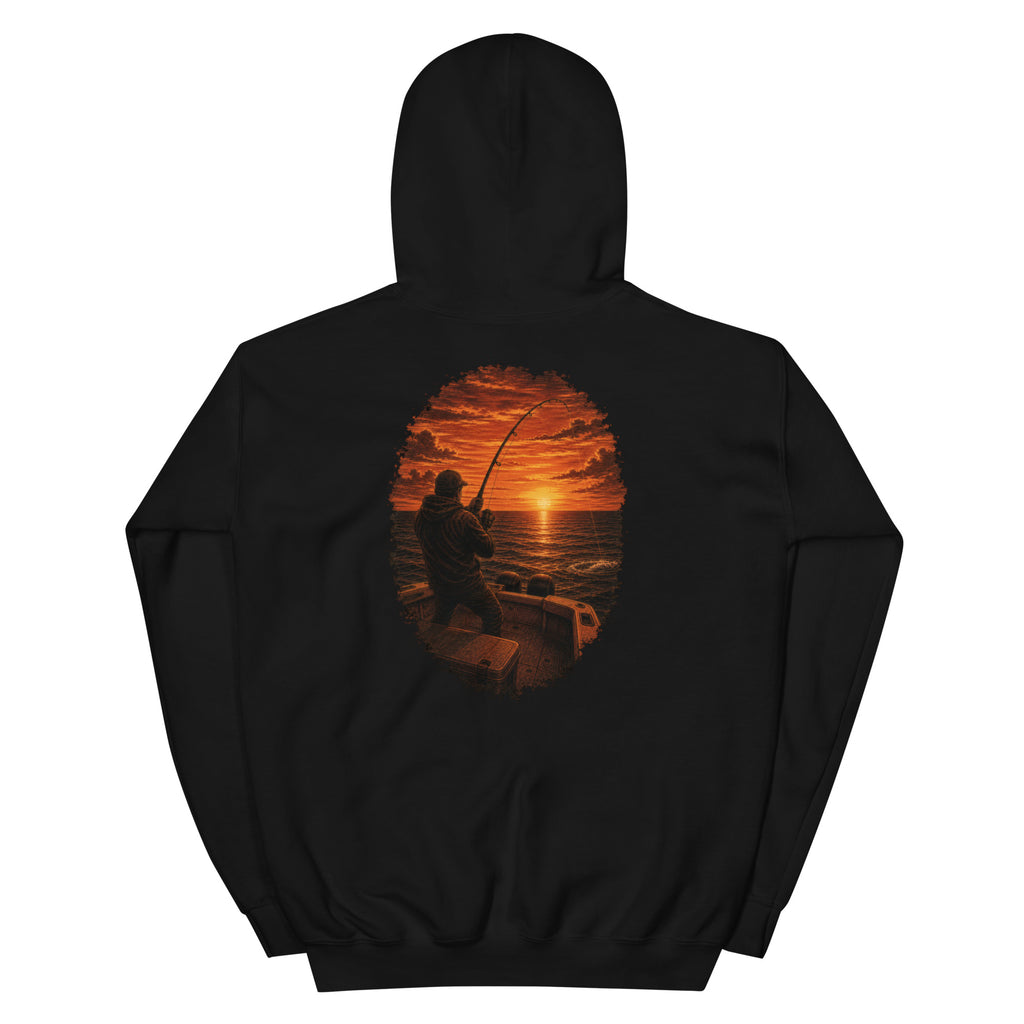 Golden Hour Offshore Fishing hoodie in Black, back graphic