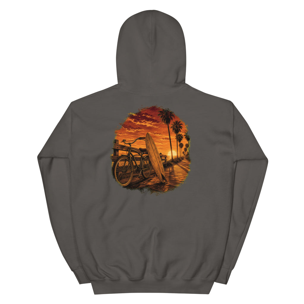 Golden Hour Beach Cruiser hoodie in Charcoal, back graphic