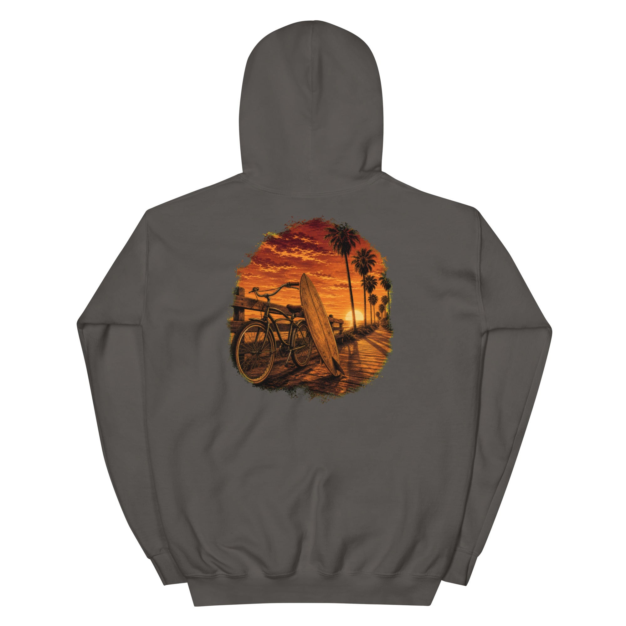 Golden Hour Beach Cruiser hoodie in Charcoal, back graphic