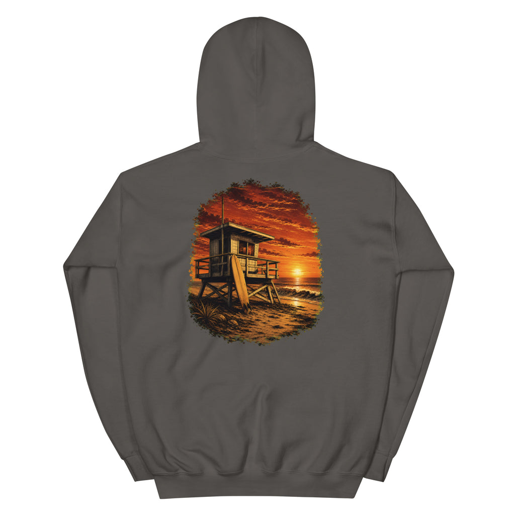 Golden Hour Lifeguard Tower hoodie in Charcoal, back graphic