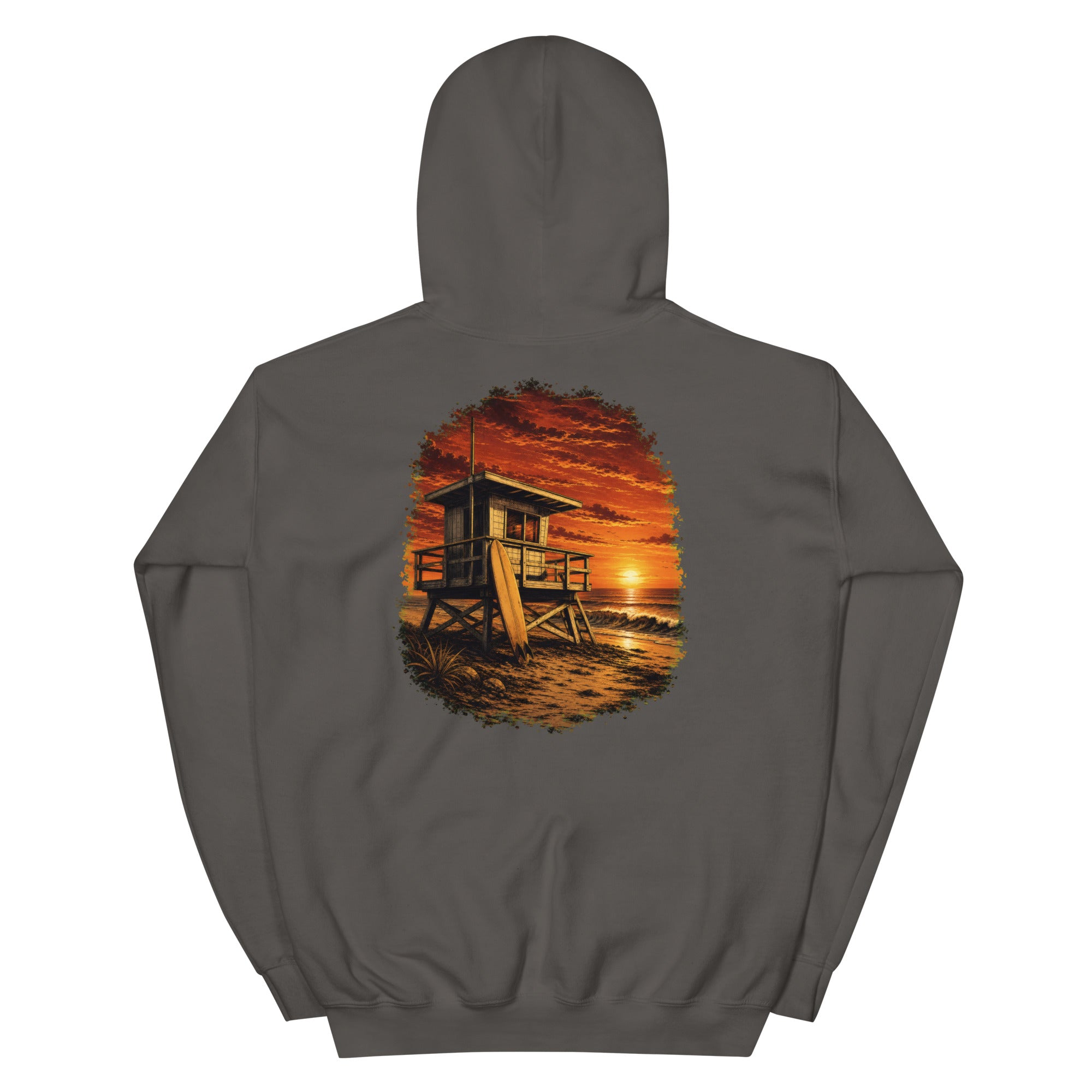 Golden Hour Lifeguard Tower hoodie in Charcoal, back graphic