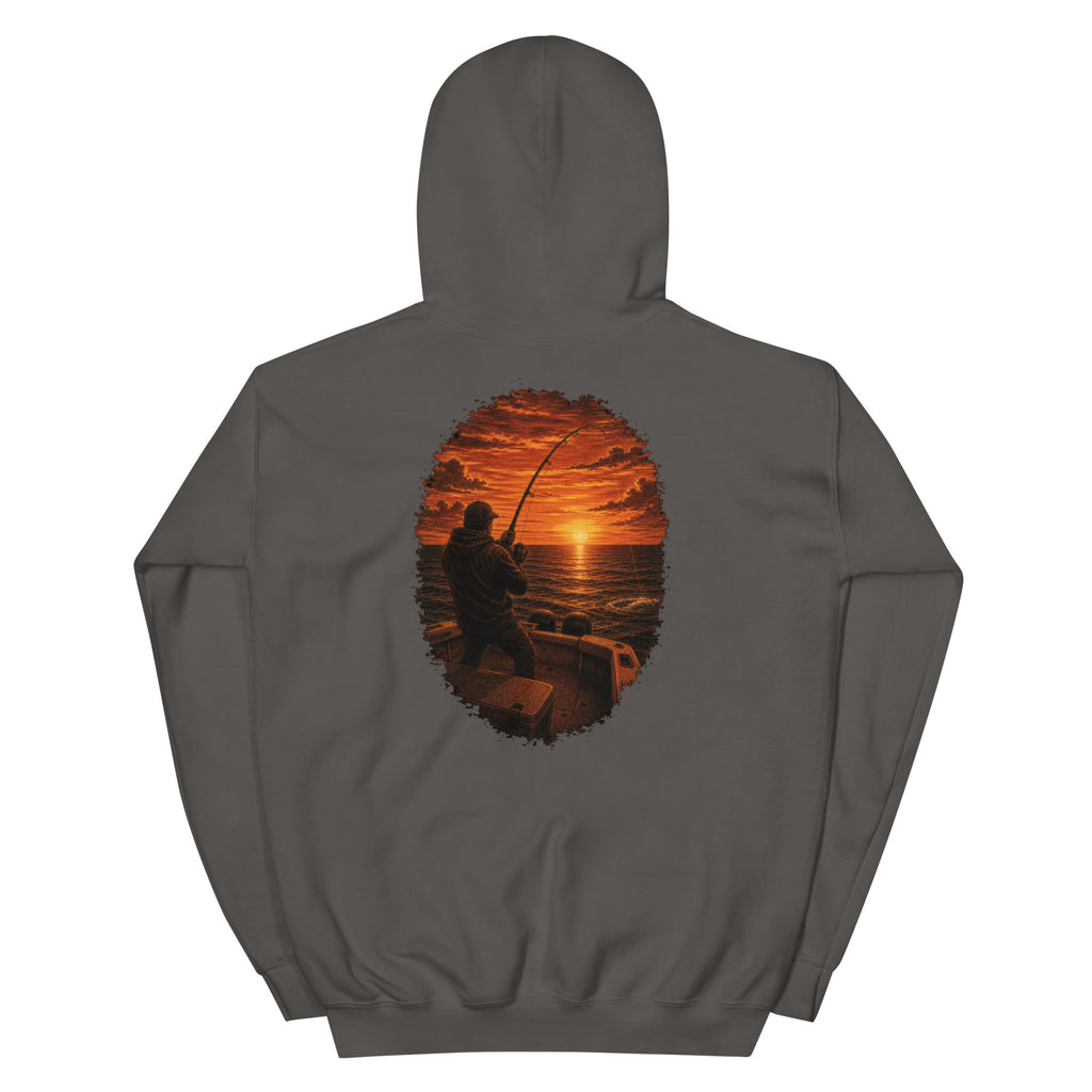 Golden Hour Offshore Fishing hoodie in Charcoal, back graphic