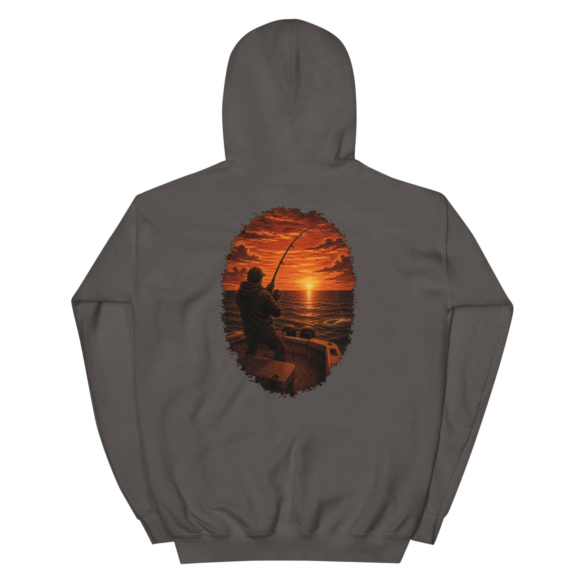 Golden Hour Offshore Fishing hoodie in Charcoal, back graphic