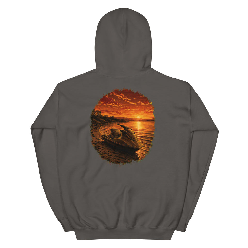 Golden Hour Jet Ski hoodie in Charcoal, back graphic