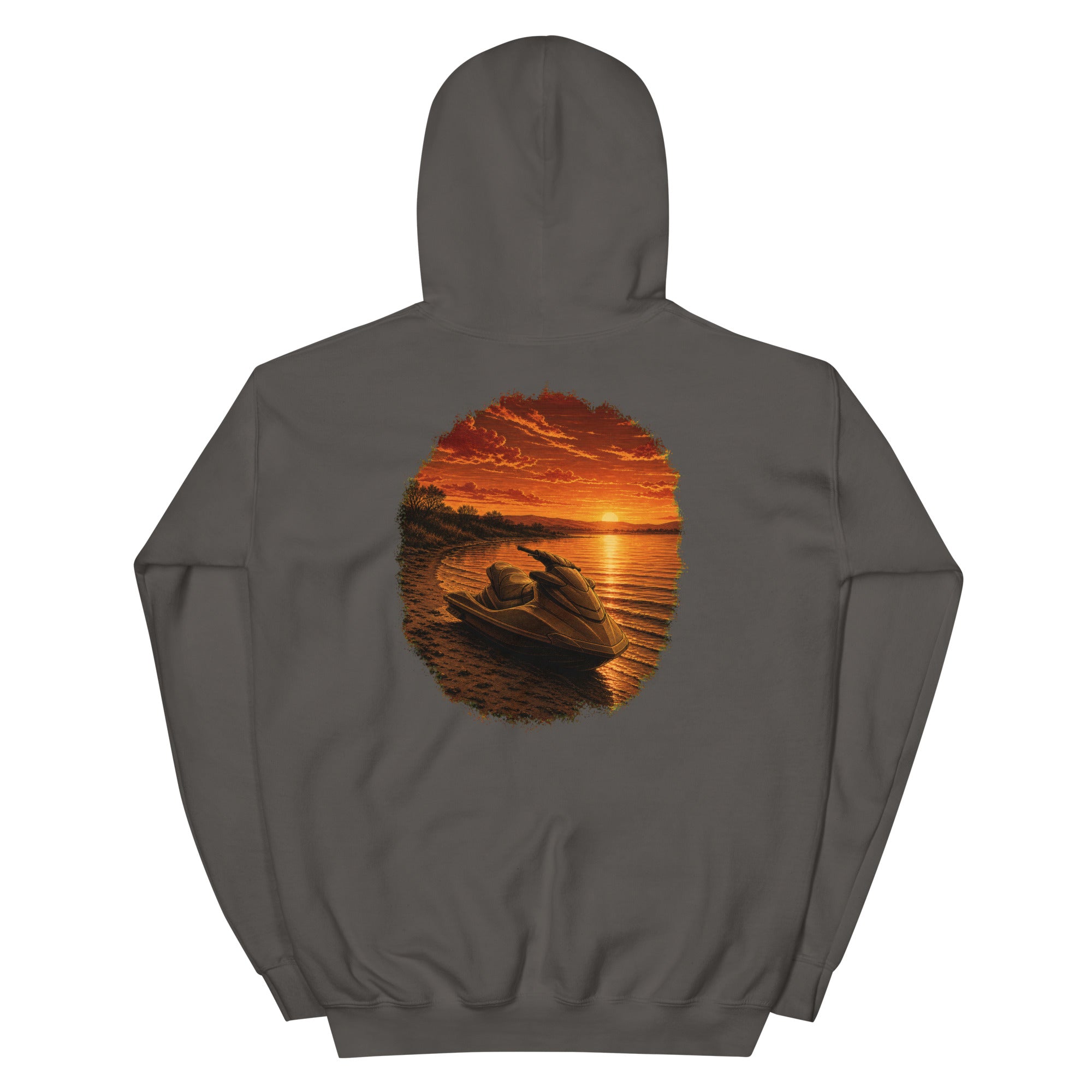 Golden Hour Jet Ski hoodie in Charcoal, back graphic