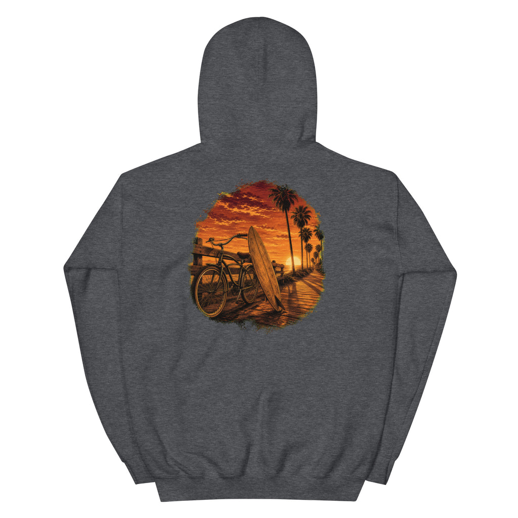 Golden Hour Beach Cruiser hoodie in Dark Heather, back graphic