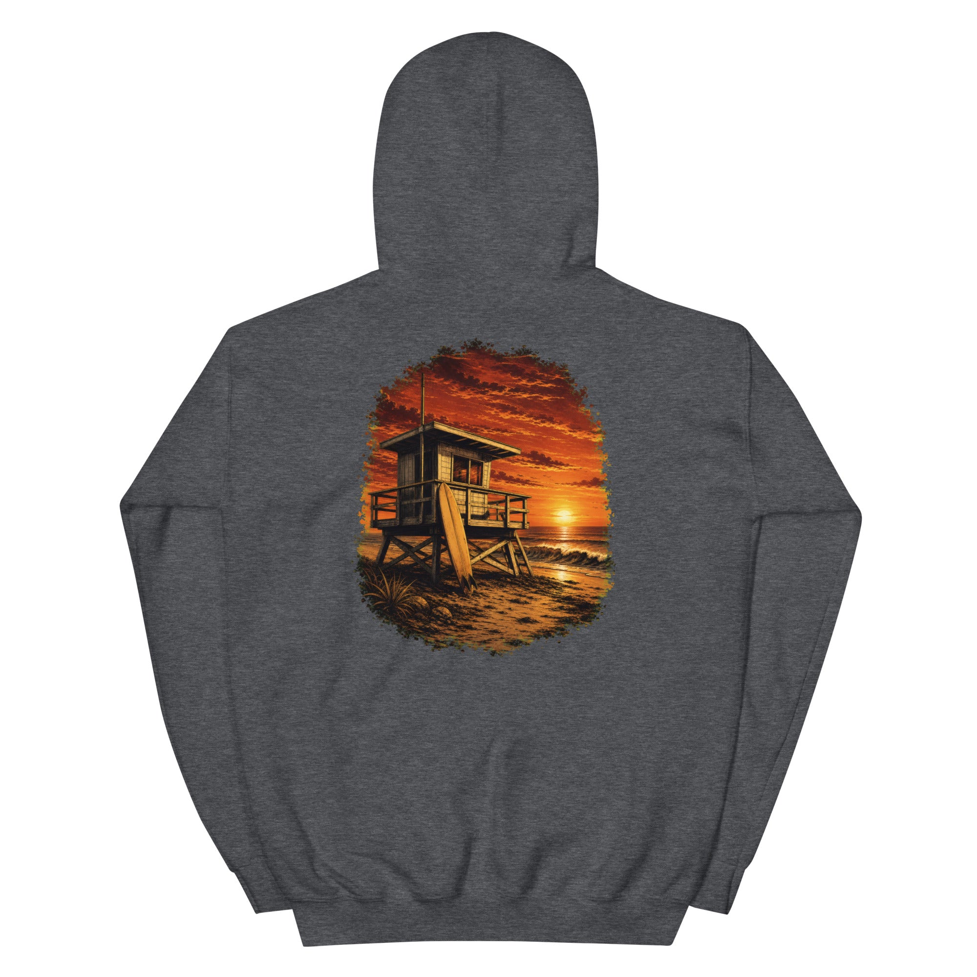 Golden Hour Lifeguard Tower hoodie in Dark Heather, back graphic