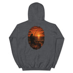 Golden Hour Offshore Fishing hoodie in Dark Heather, back graphic