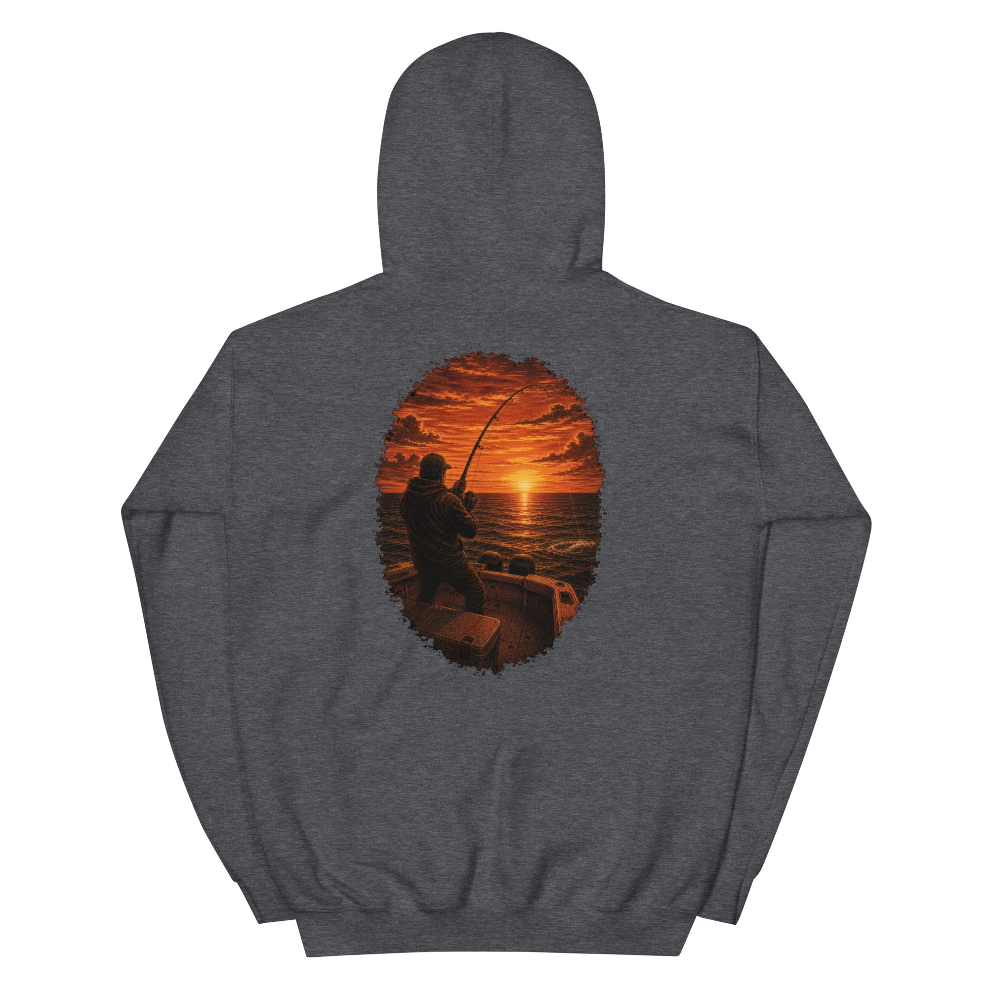 Golden Hour Offshore Fishing hoodie in Dark Heather, back graphic