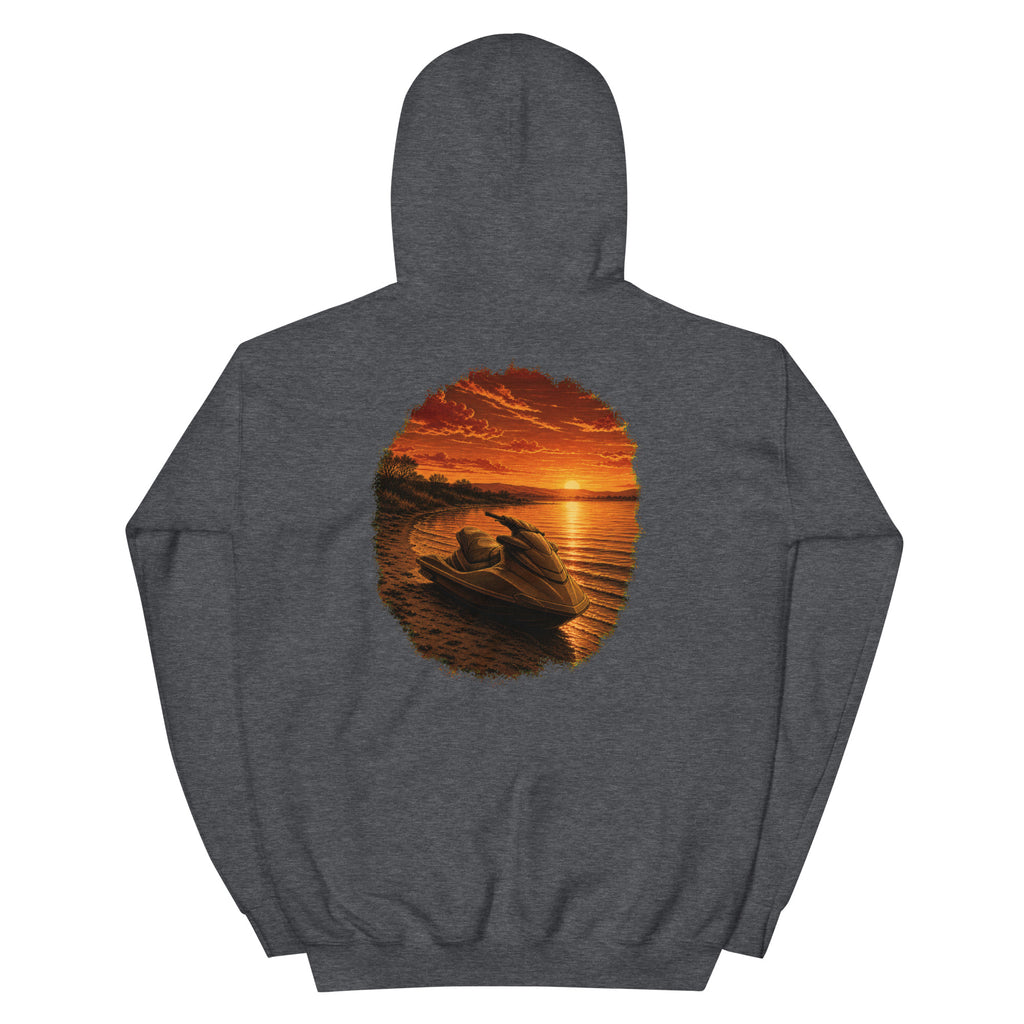 Golden Hour Jet Ski hoodie in Dark Heather, back graphic