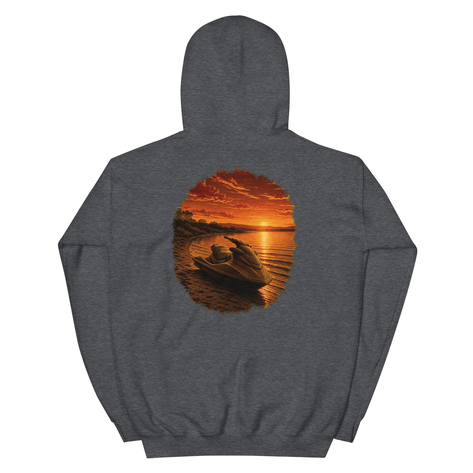 Golden Hour Jet Ski hoodie in Dark Heather, back graphic