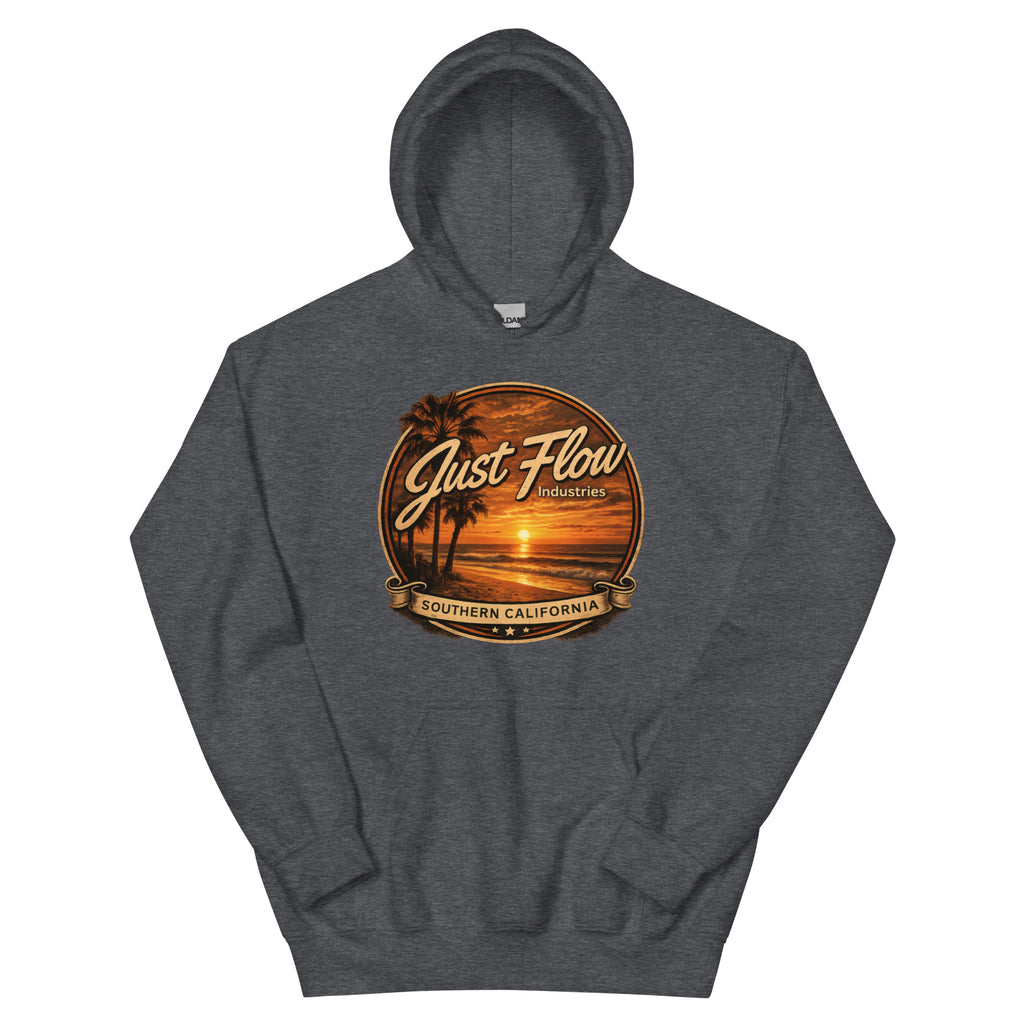 Golden Hour Feature hoodie in Dark Heather, front badge