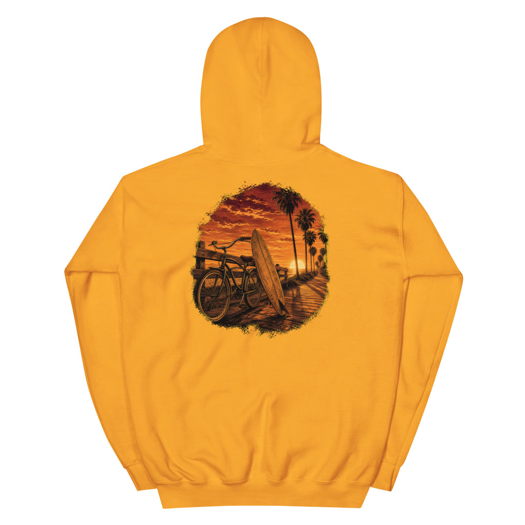 Golden Hour Beach Cruiser hoodie in Gold, back graphic